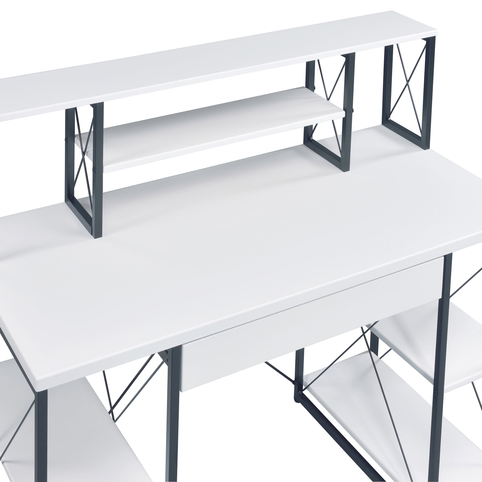 Modern white computer desk with dual monitor shelf and black metal frame