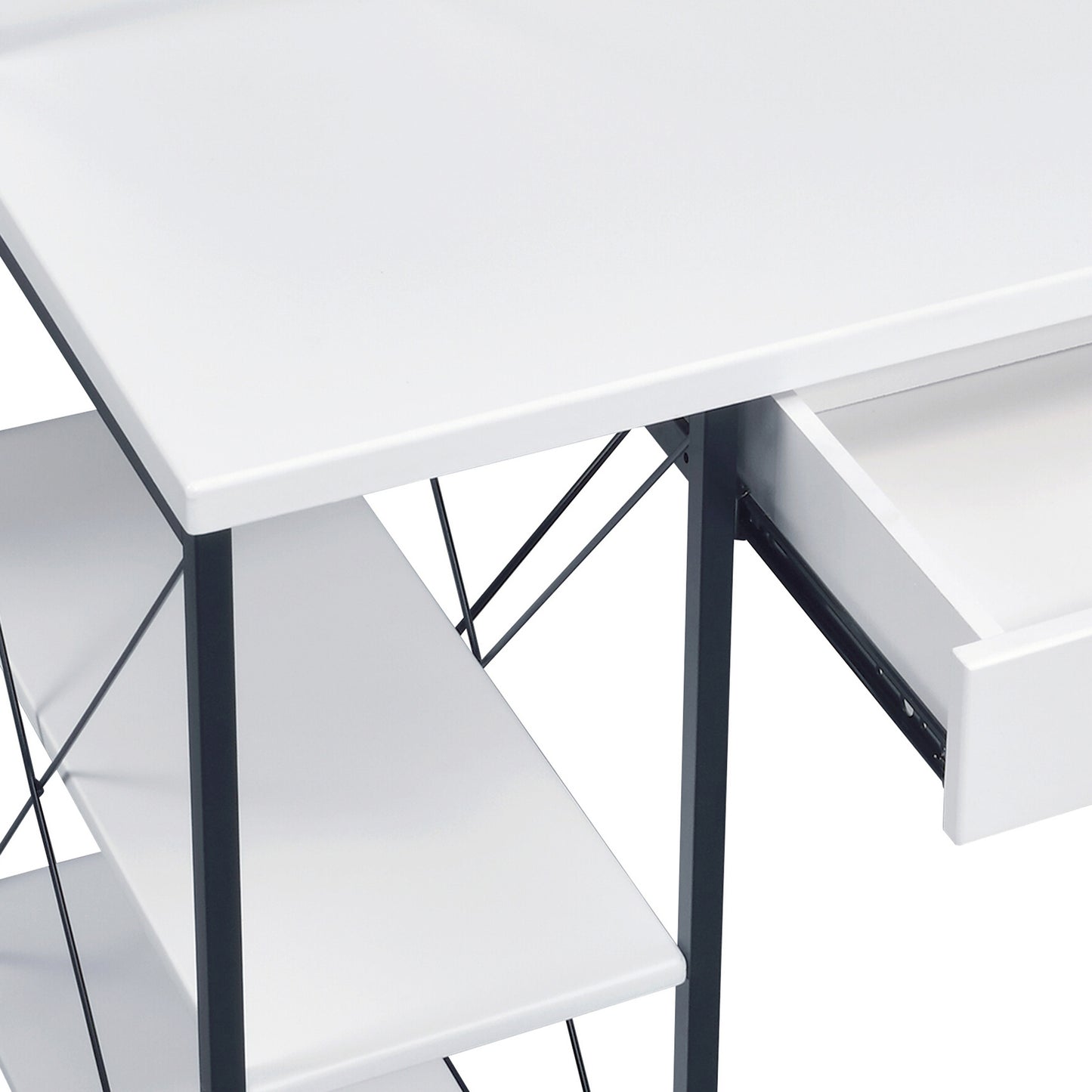 White modern desk with open drawer and shelving unit Minimalist design