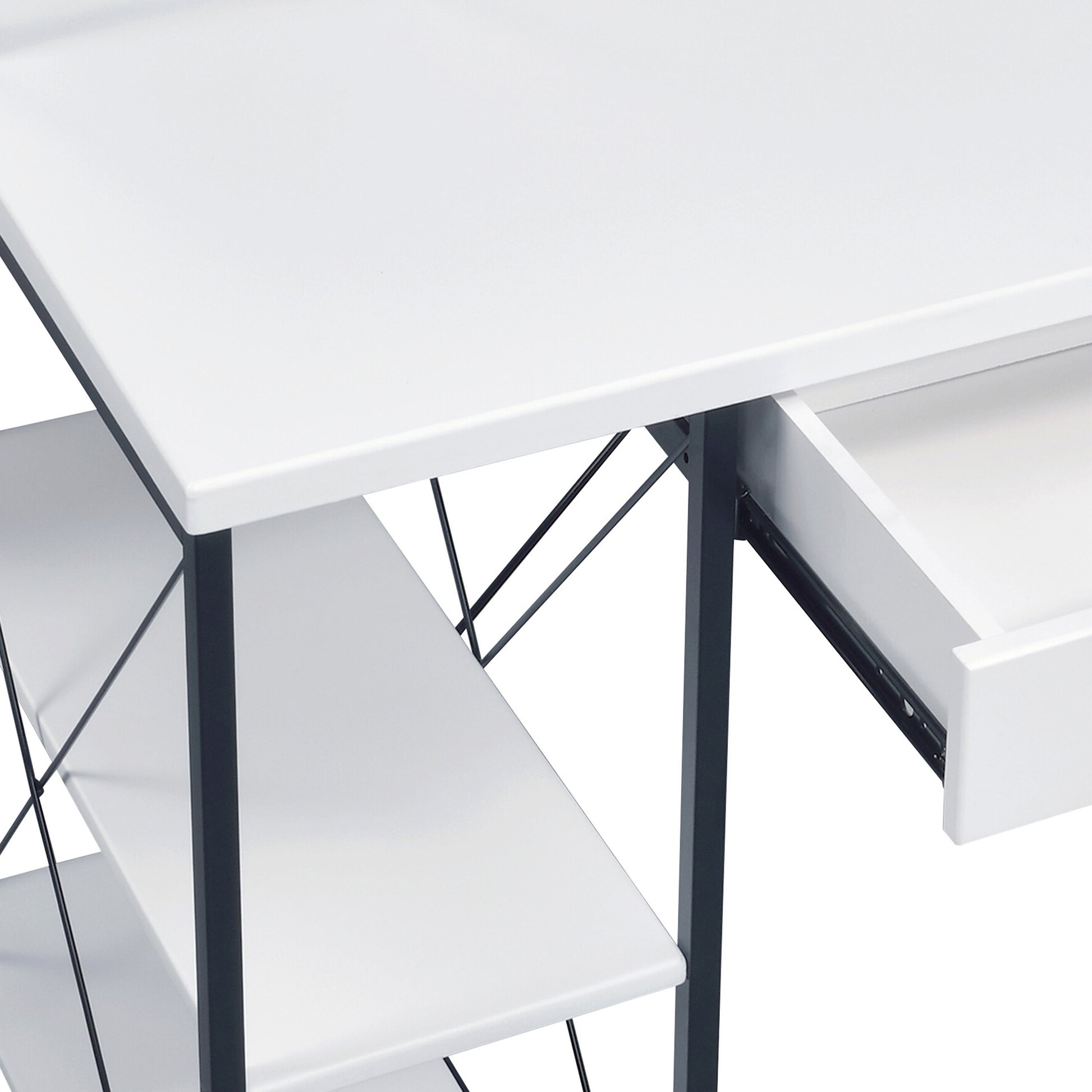 White modern desk with open drawer and shelving unit Minimalist design