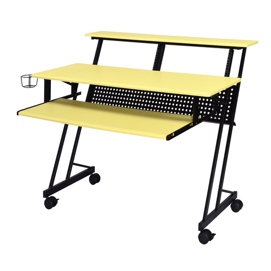 Yellow studio desk with tiered shelving and rolling casters