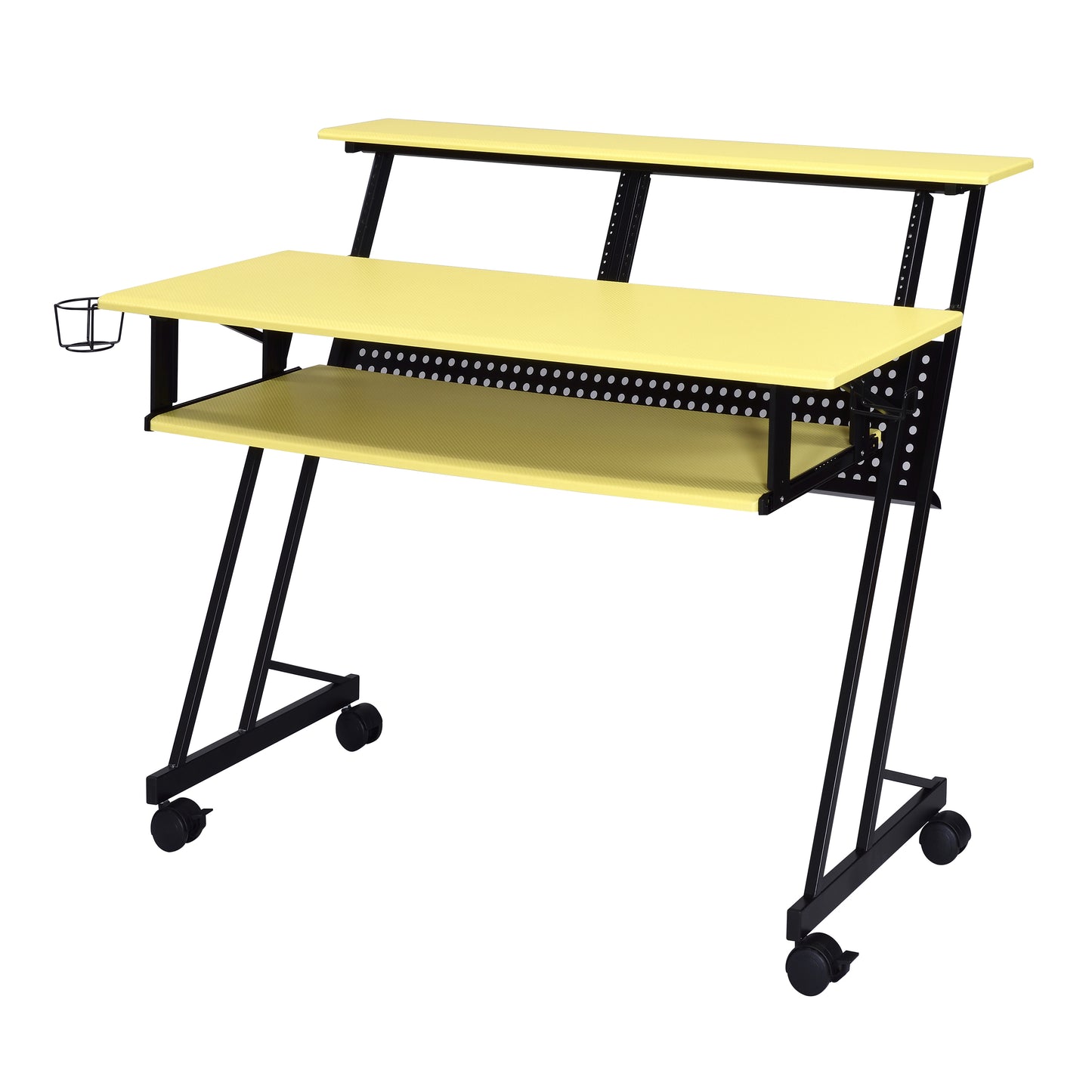 Yellow studio desk with black metal frame and wheels ideal for music production workstations
