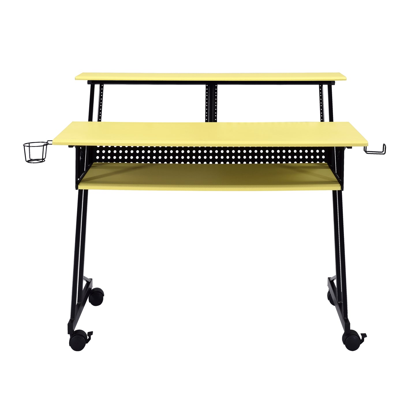 Yellow metal computer desk with wheels headphone hook and cup holder