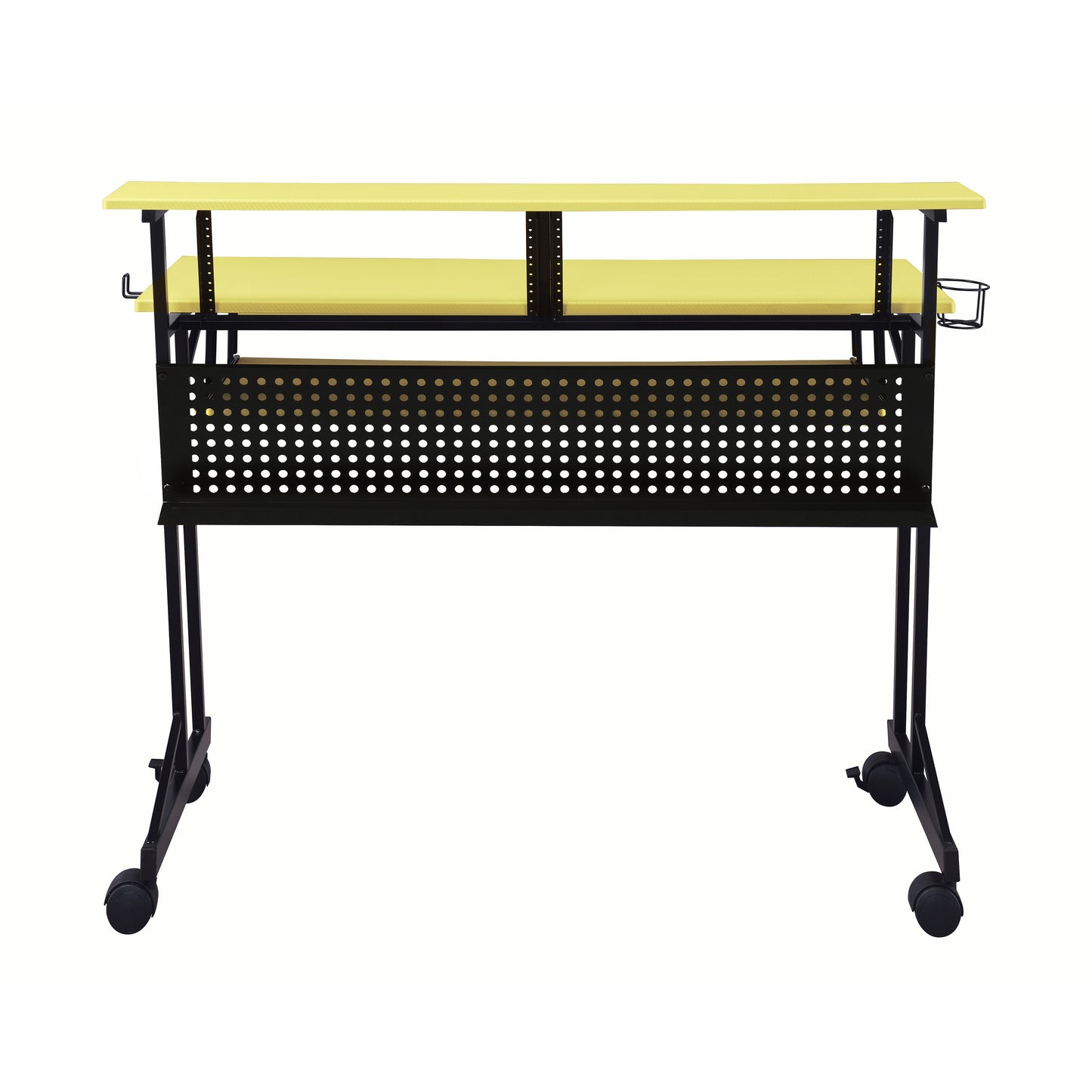 Yellow standing desk with dual tiers and perforated metal lower shelf on wheels