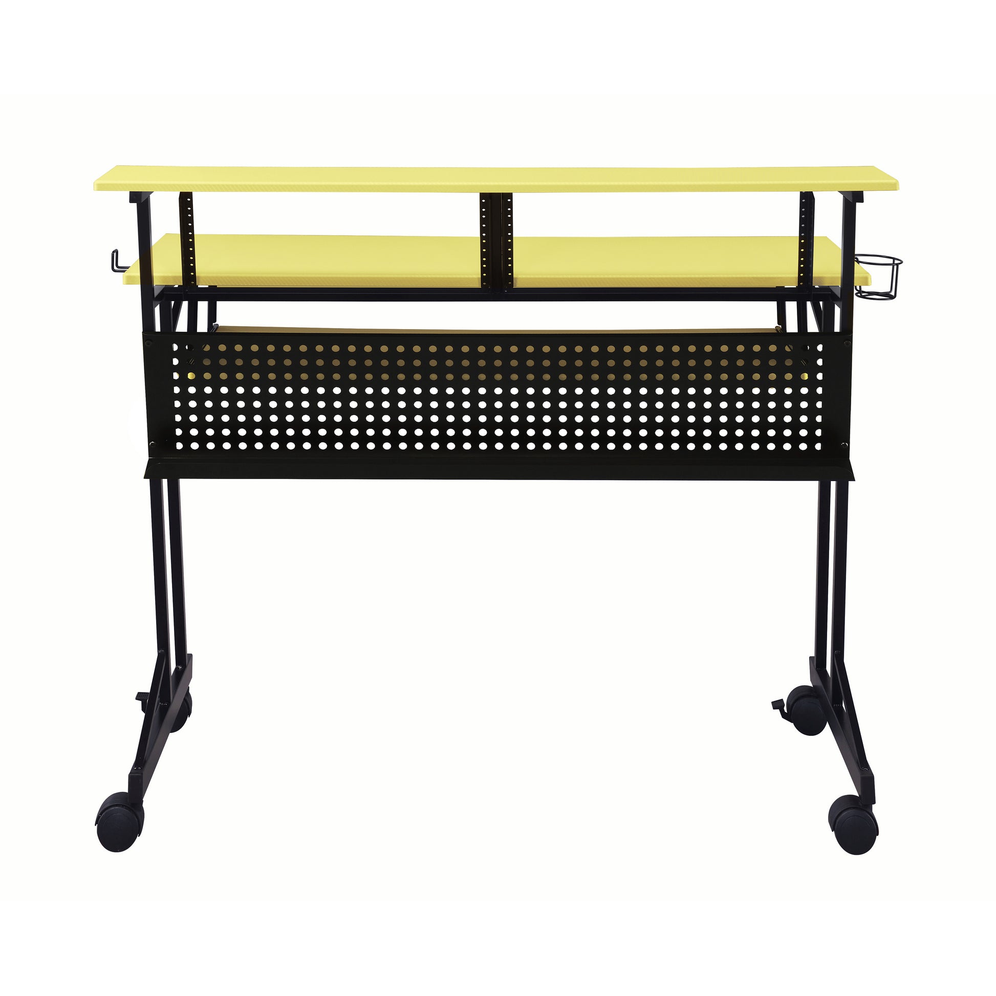 Yellow standing desk with dual tiers and perforated metal lower shelf on wheels