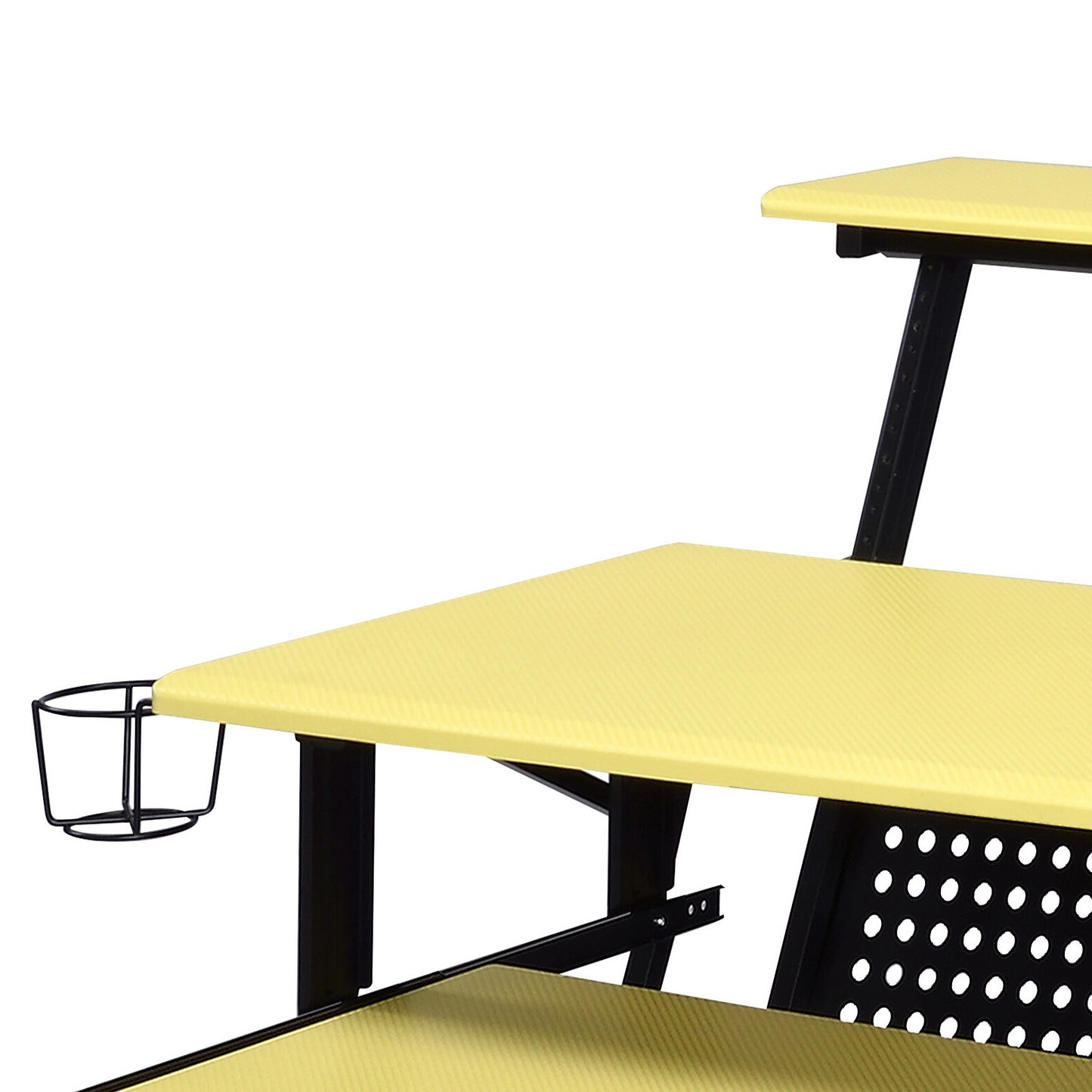 Yellow gaming desk with black metal frame and cup holder
