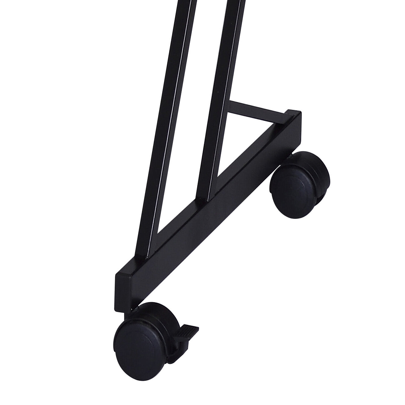 Black metal frame with black caster wheels offering mobility for a mobile desk