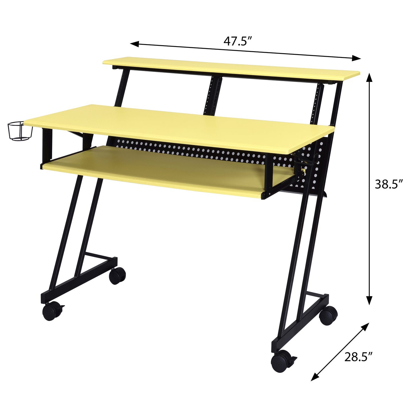 Yellow studio desk with dual shelves pullout keyboard tray and cup holder on wheels