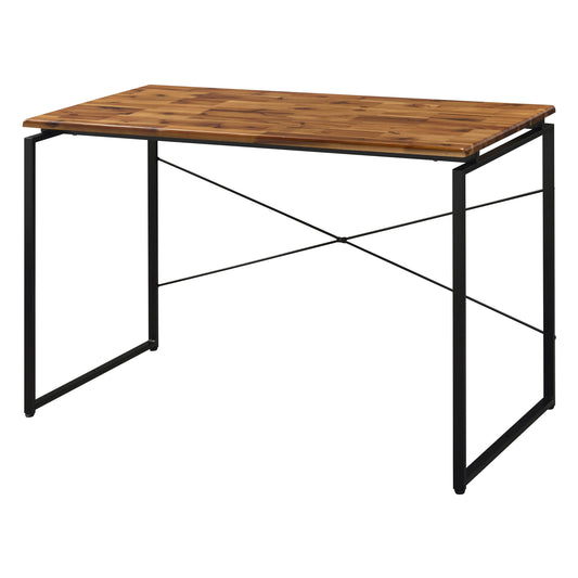 Compact wooden desk with a natural grain tabletop and black metal frame for home office use
