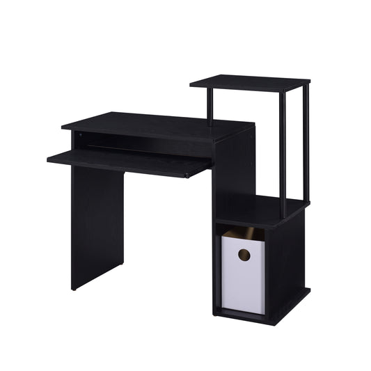Black computer desk with pullout keyboard tray and open shelving for home office