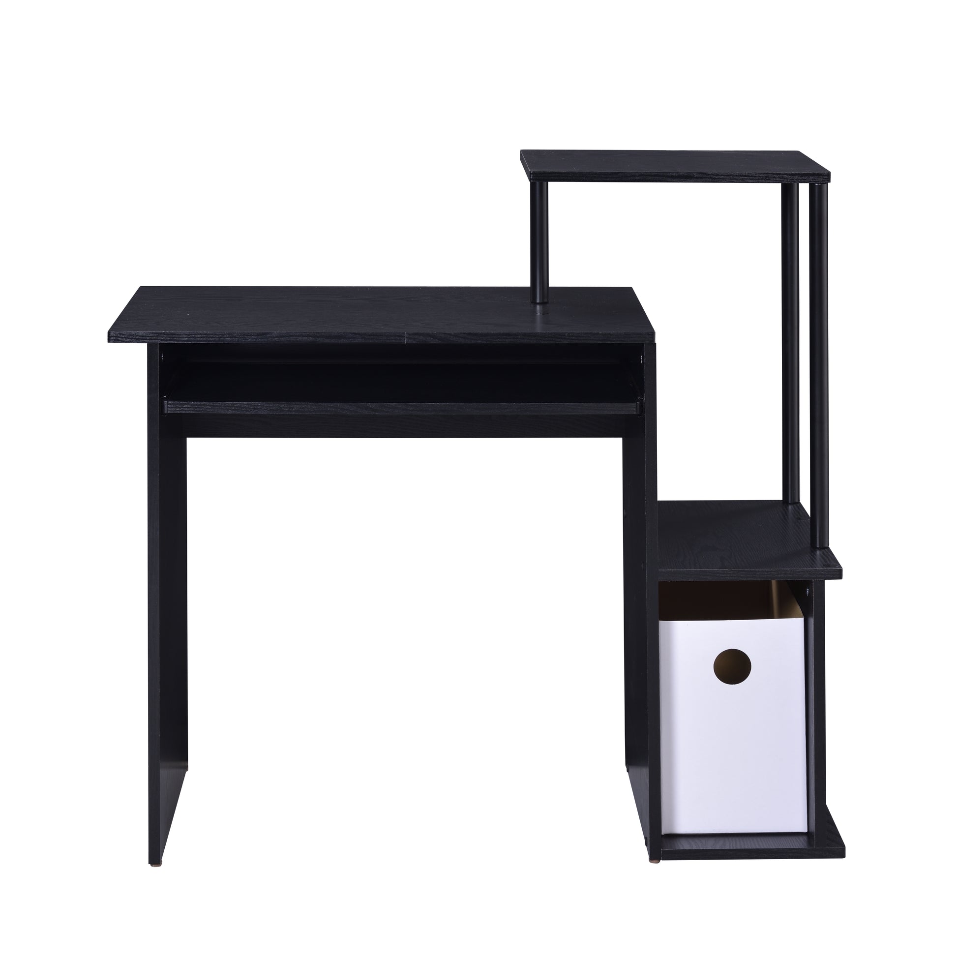 Modern black computer desk with tiered shelving and open cubby for storage