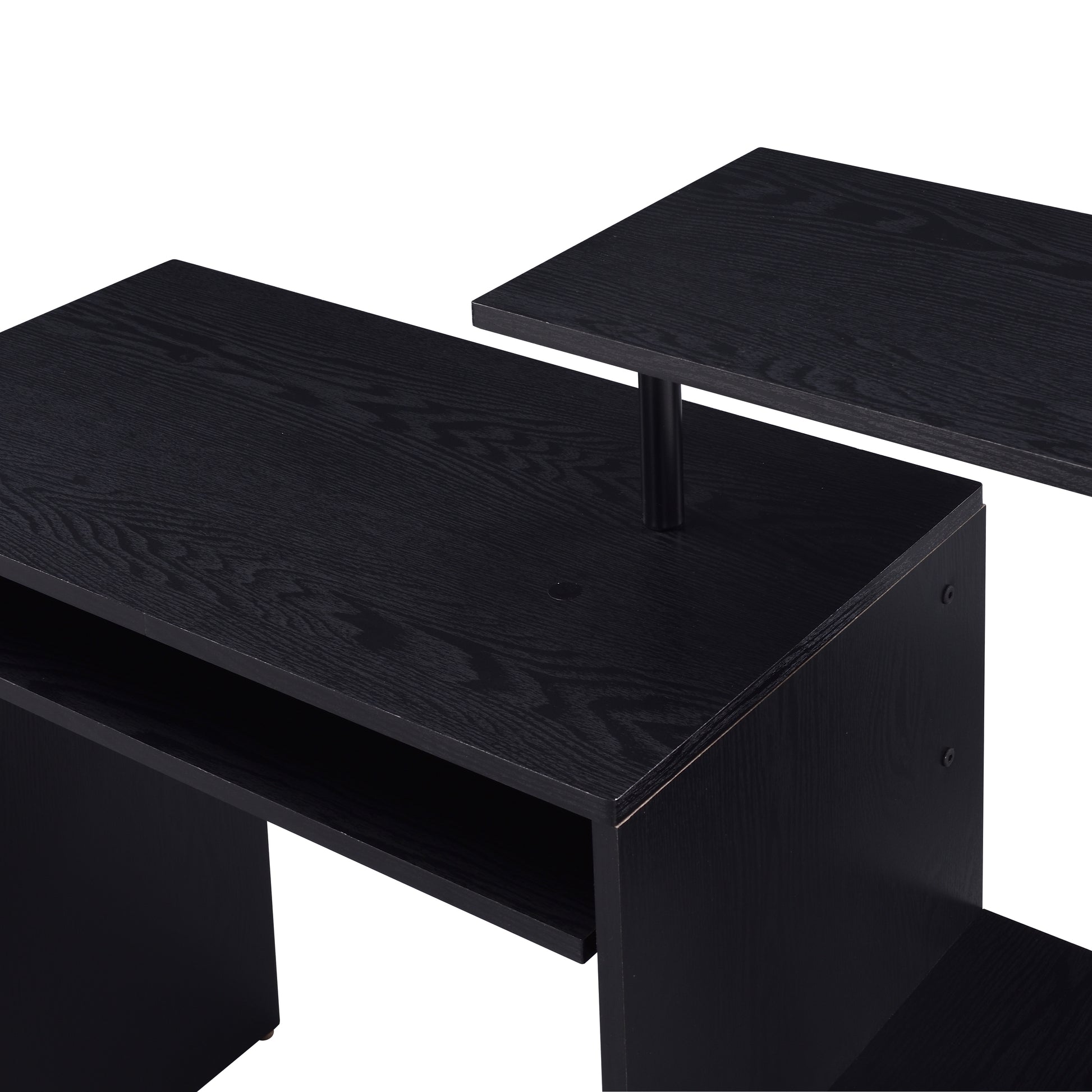 Black wood grain desk with a raised monitor shelf and keyboard tray