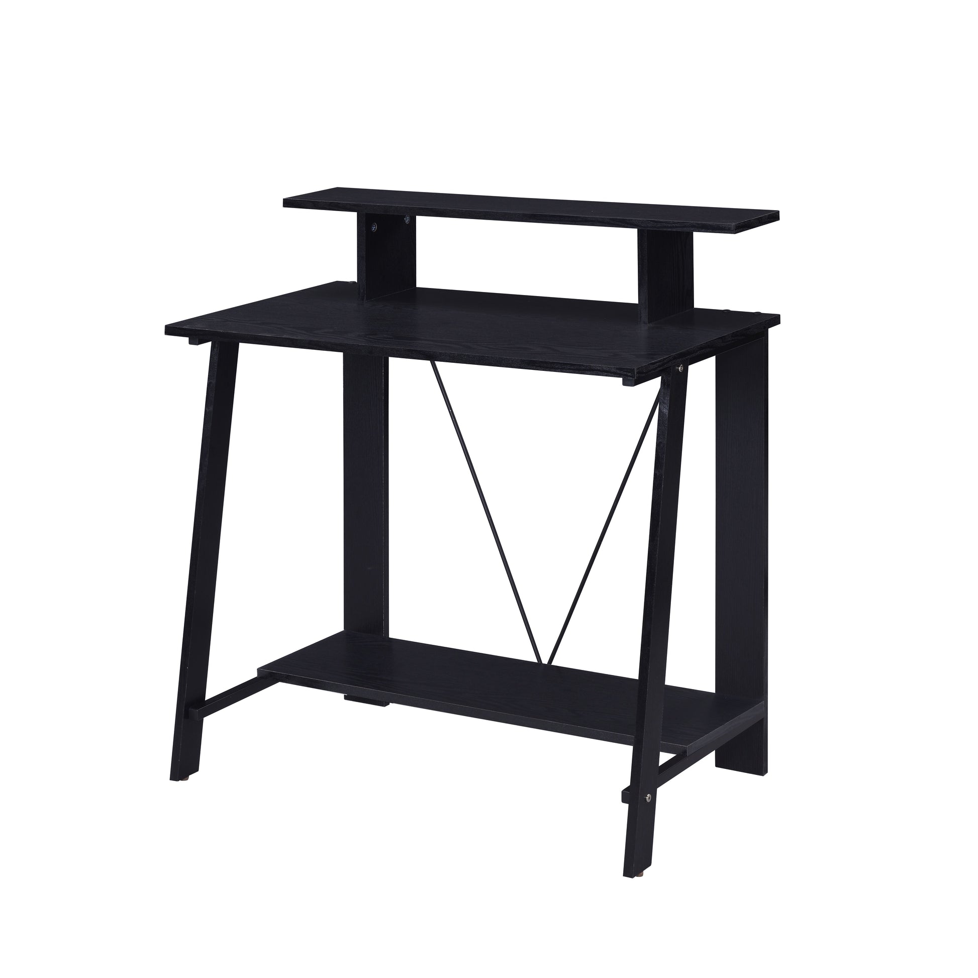Modern black computer desk with a builtin shelf and hutch for small spaces