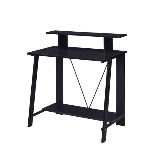 Modern black computer desk with a builtin shelf and hutch for small spaces