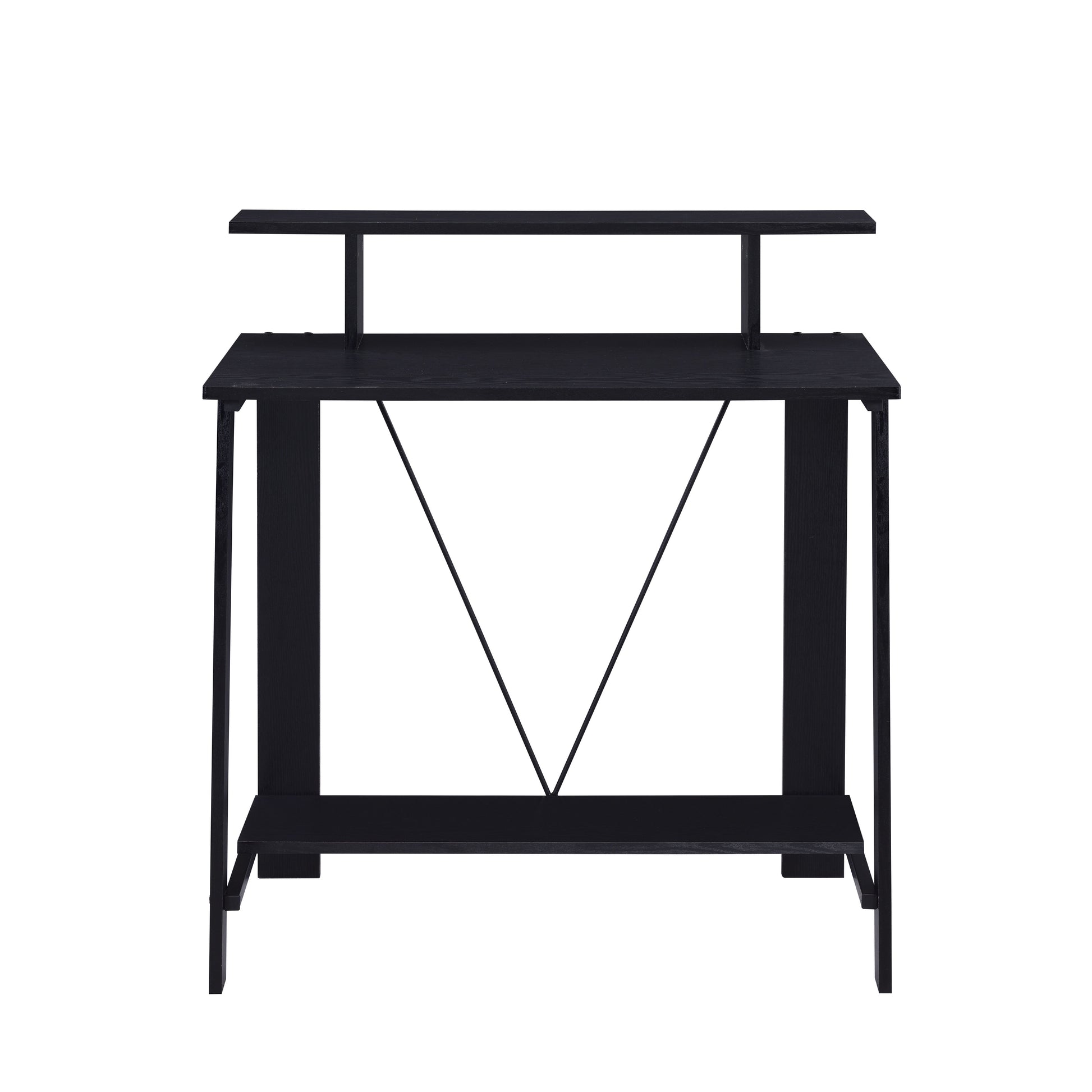 Sleek black computer desk with a raised shelf and minimalist metal cross bracing for stability