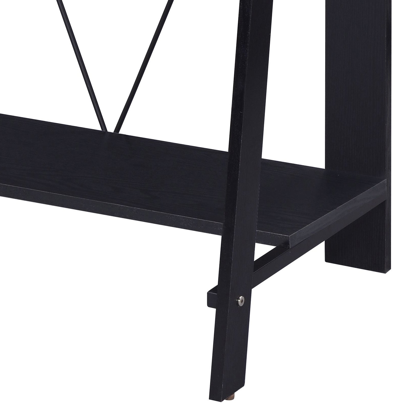 Closeup of a black wooden shelf with metal support beams for a modern accent table