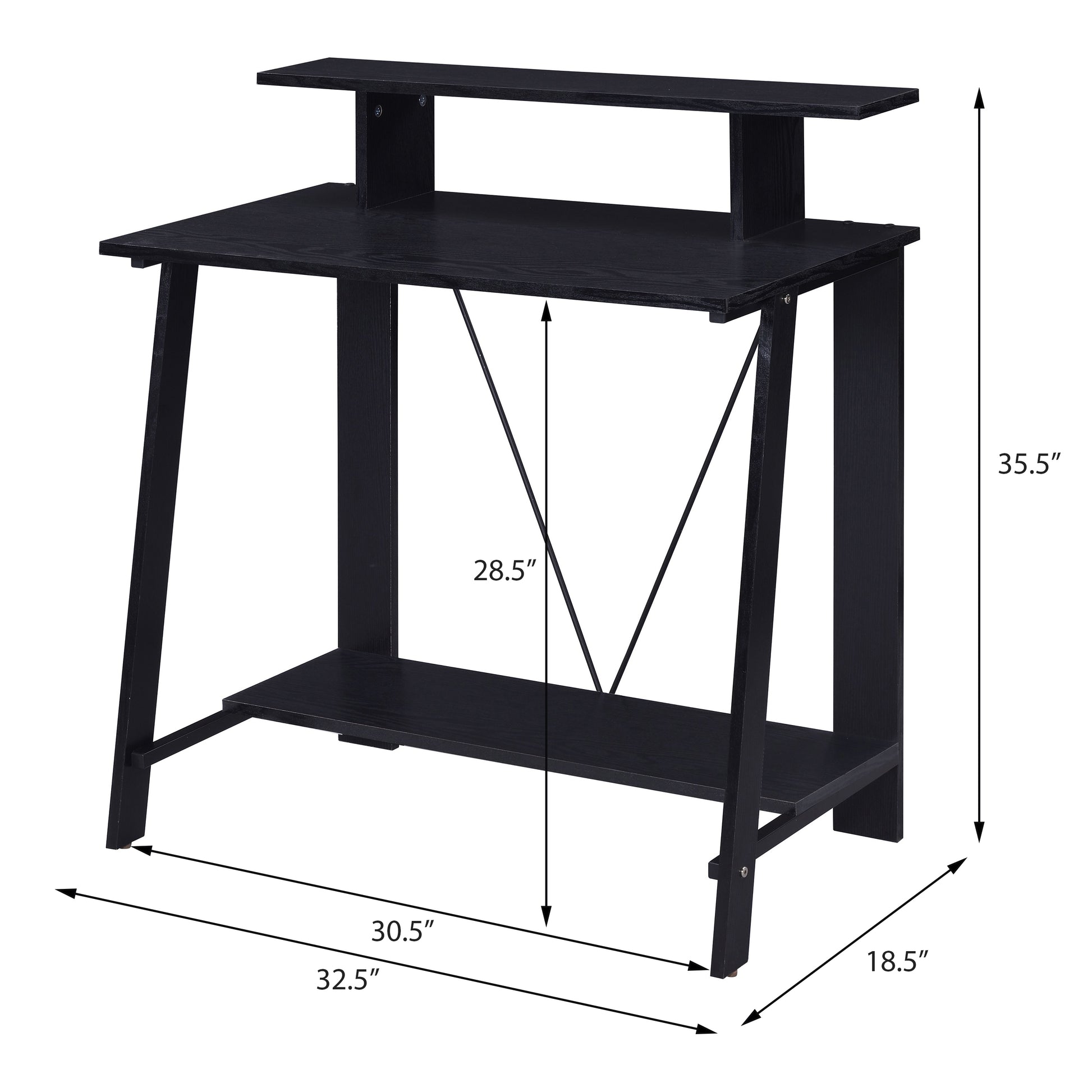 Compact black computer desk with two shelves and raised monitor stand