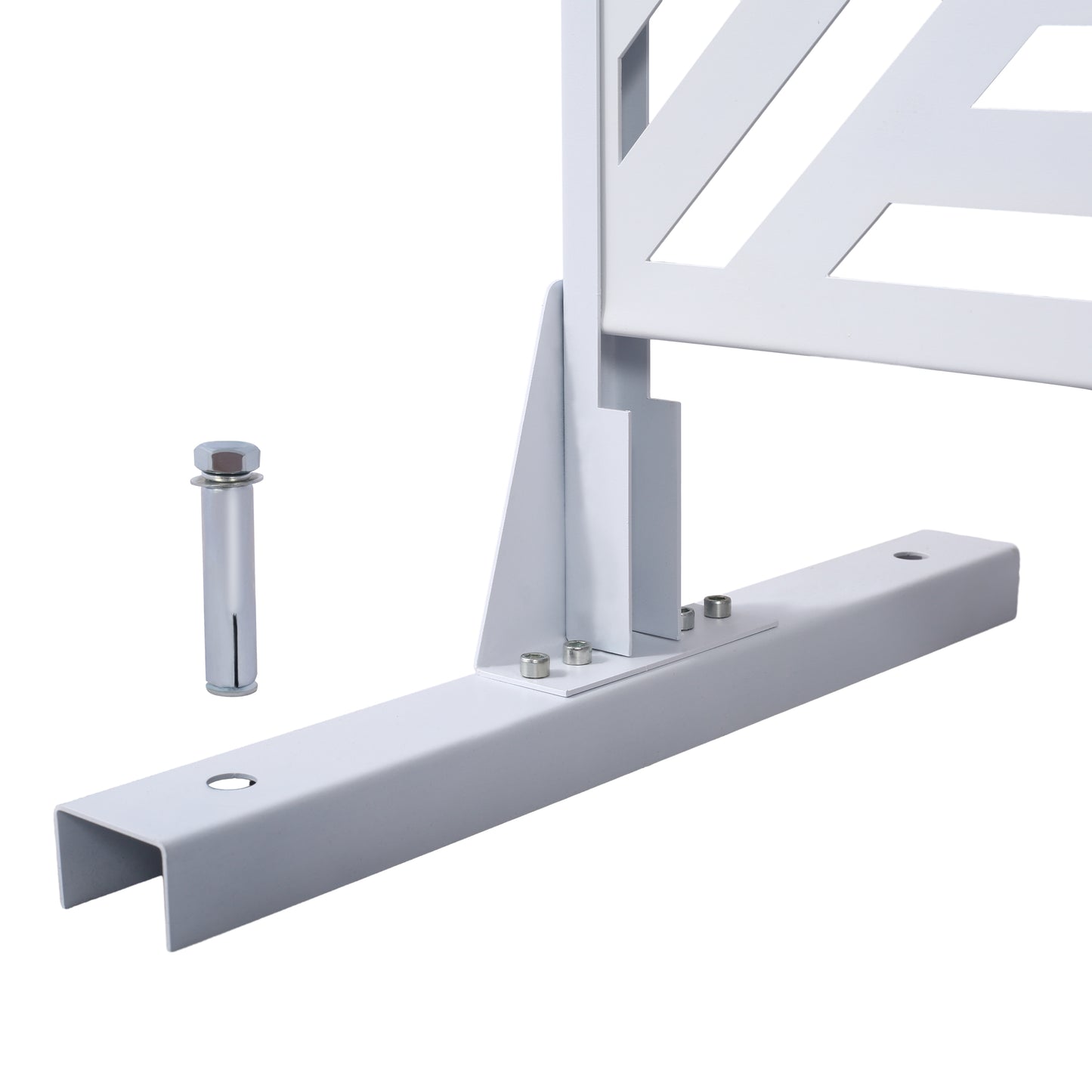 White metal fence post base with mounting bolts and anchor included