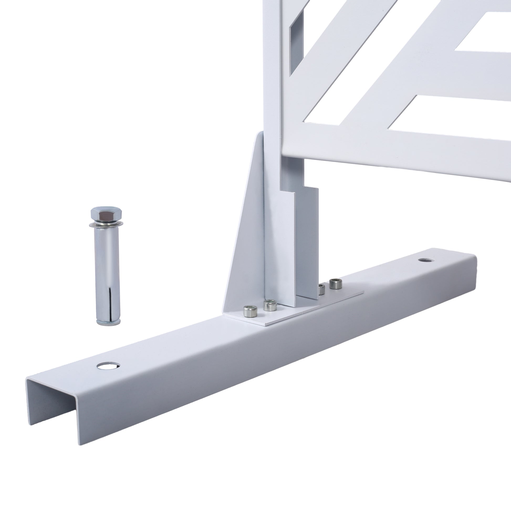 White metal fence post base with mounting bolts and anchor included