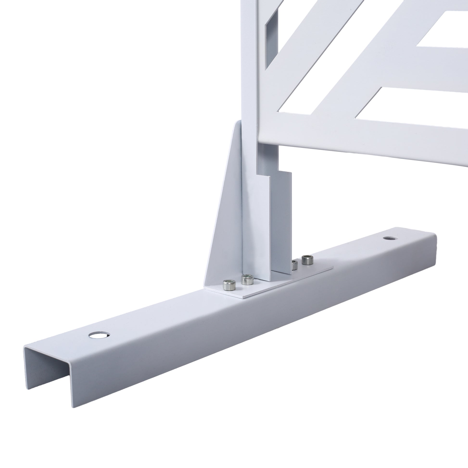 White metal fence post base with securing bolts and Uchannel leg