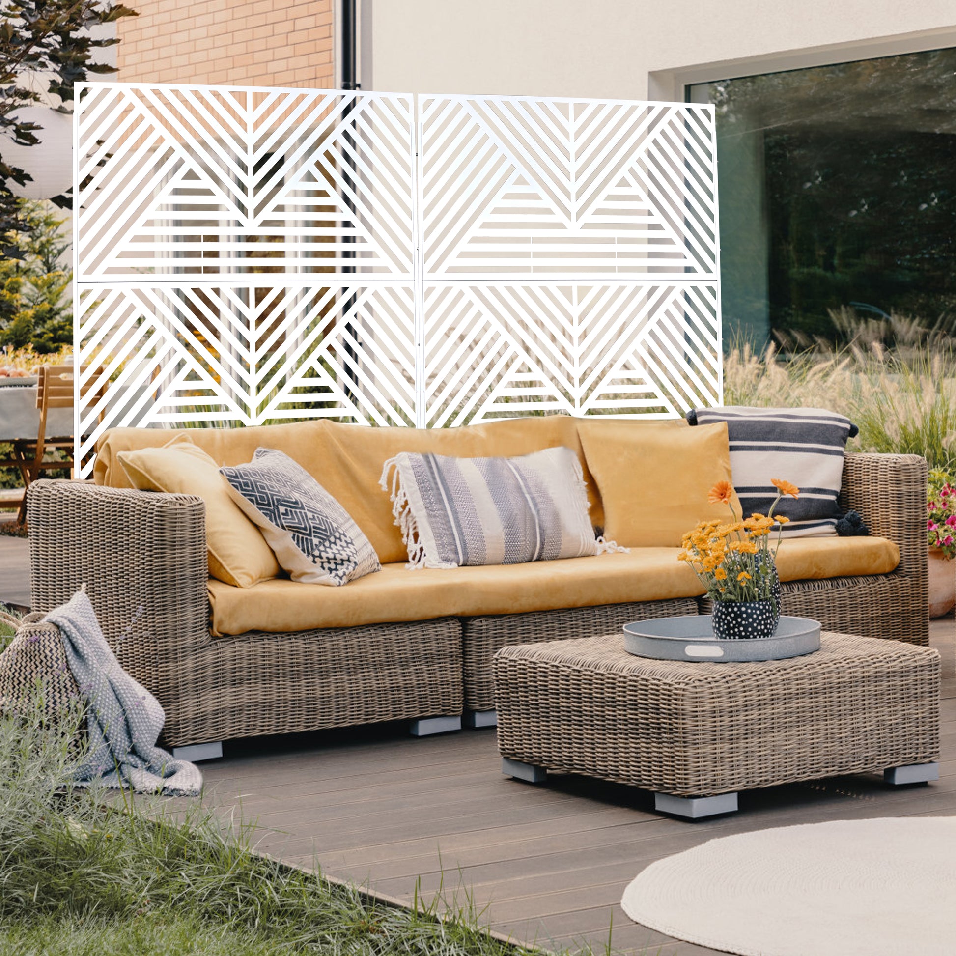 White geometric outdoor privacy screen with modern chevron pattern
