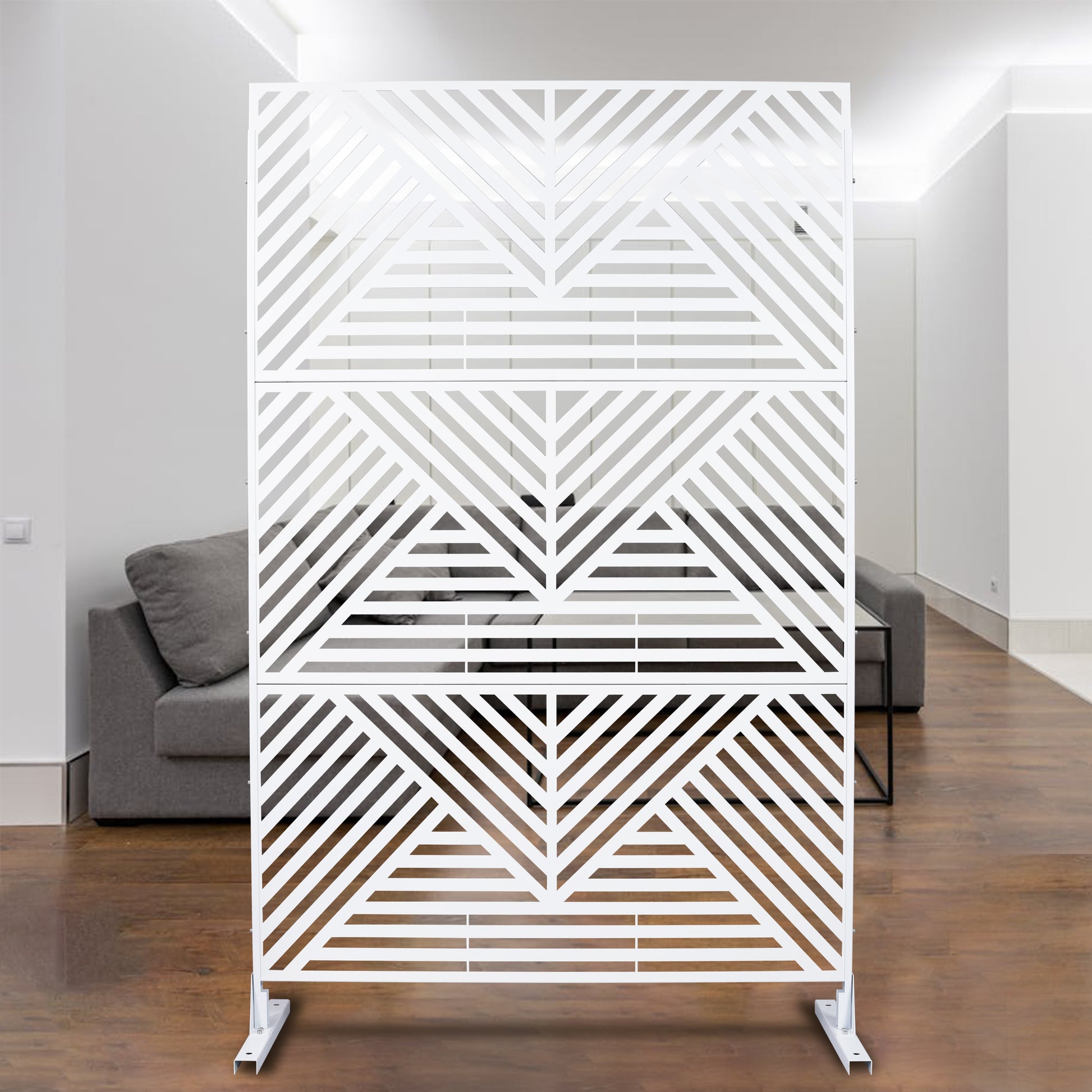 White geometric folding room divider screen with modern diagonal pattern