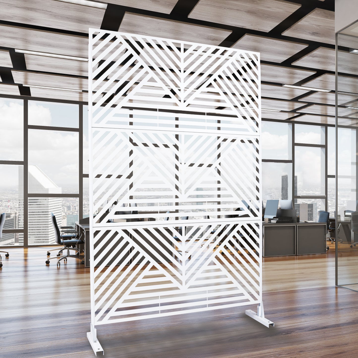 White geometric room divider with modern diagonal pattern ideal for open office spaces