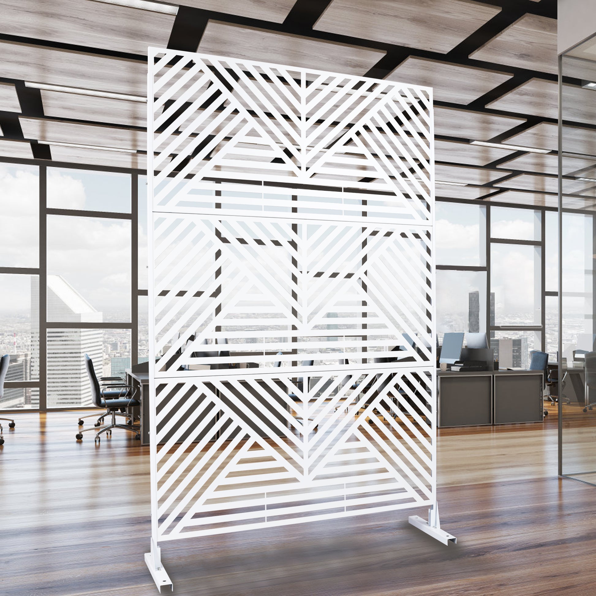 White geometric room divider with modern diagonal pattern ideal for open office spaces