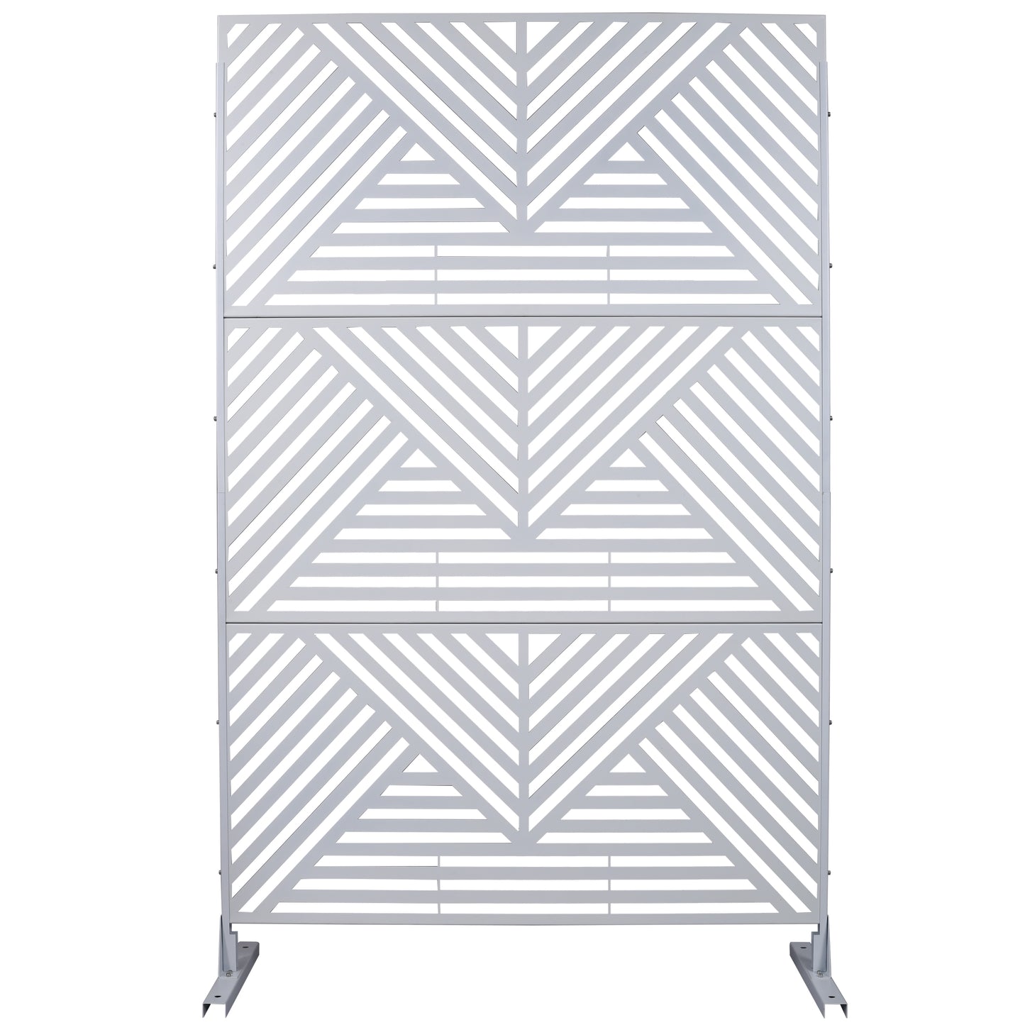 Modern grey metal privacy screen with geometric pattern for garden patios