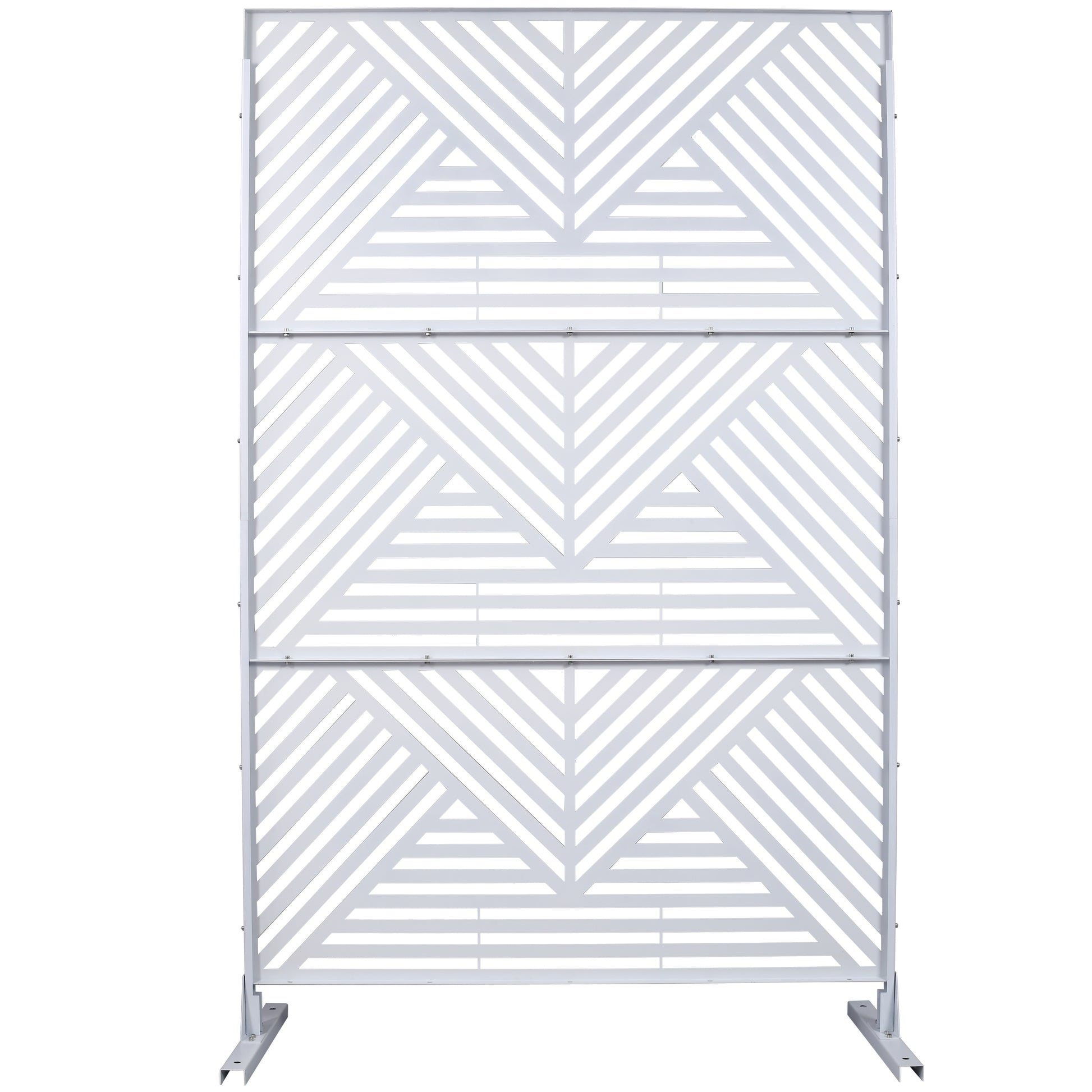 White geometric garden screen with metal frame and base