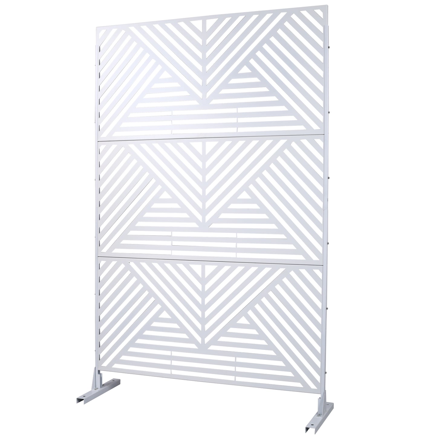 Modern white geometric metal garden screen with diagonal lines and chevron pattern