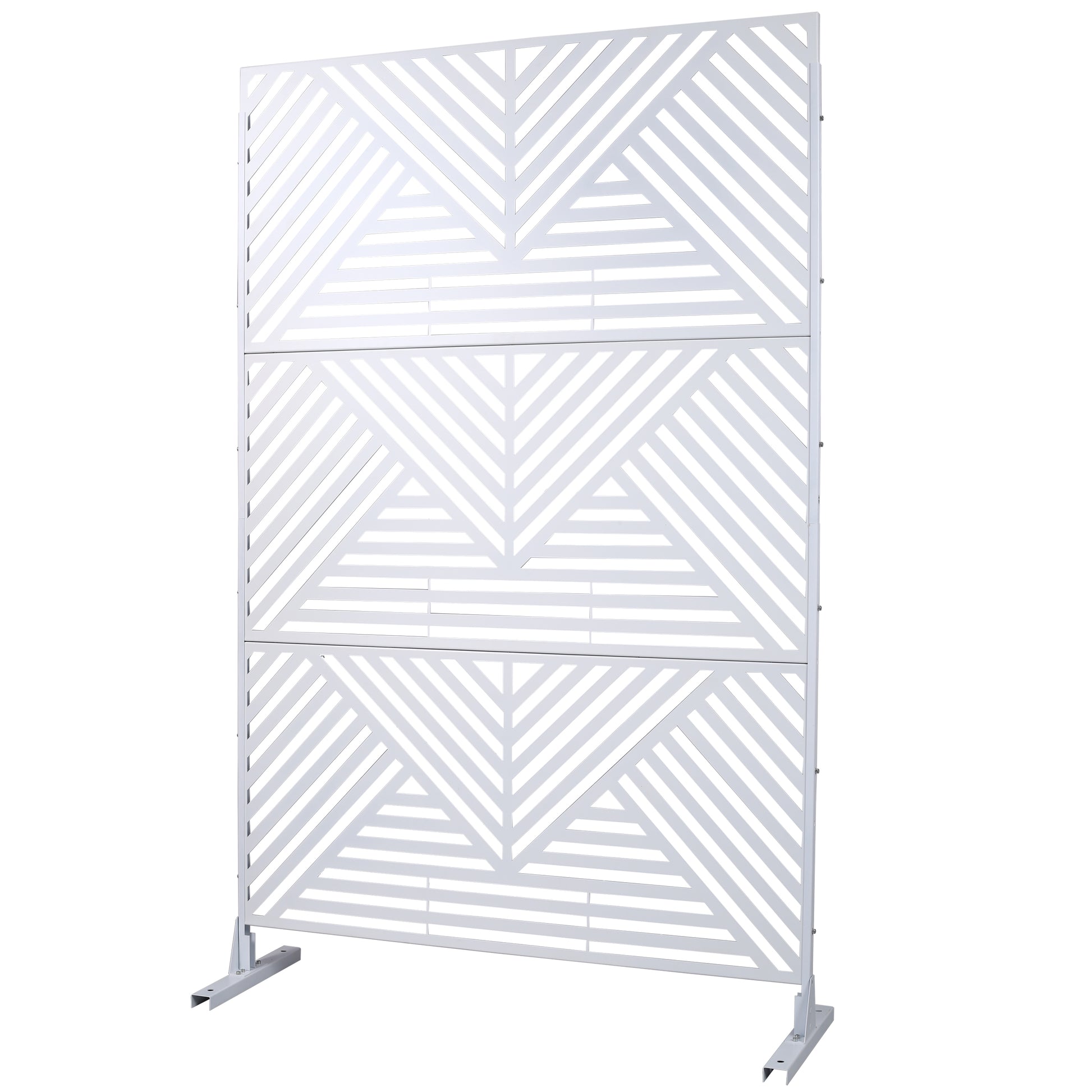 Modern white geometric metal garden screen with diagonal lines and chevron pattern