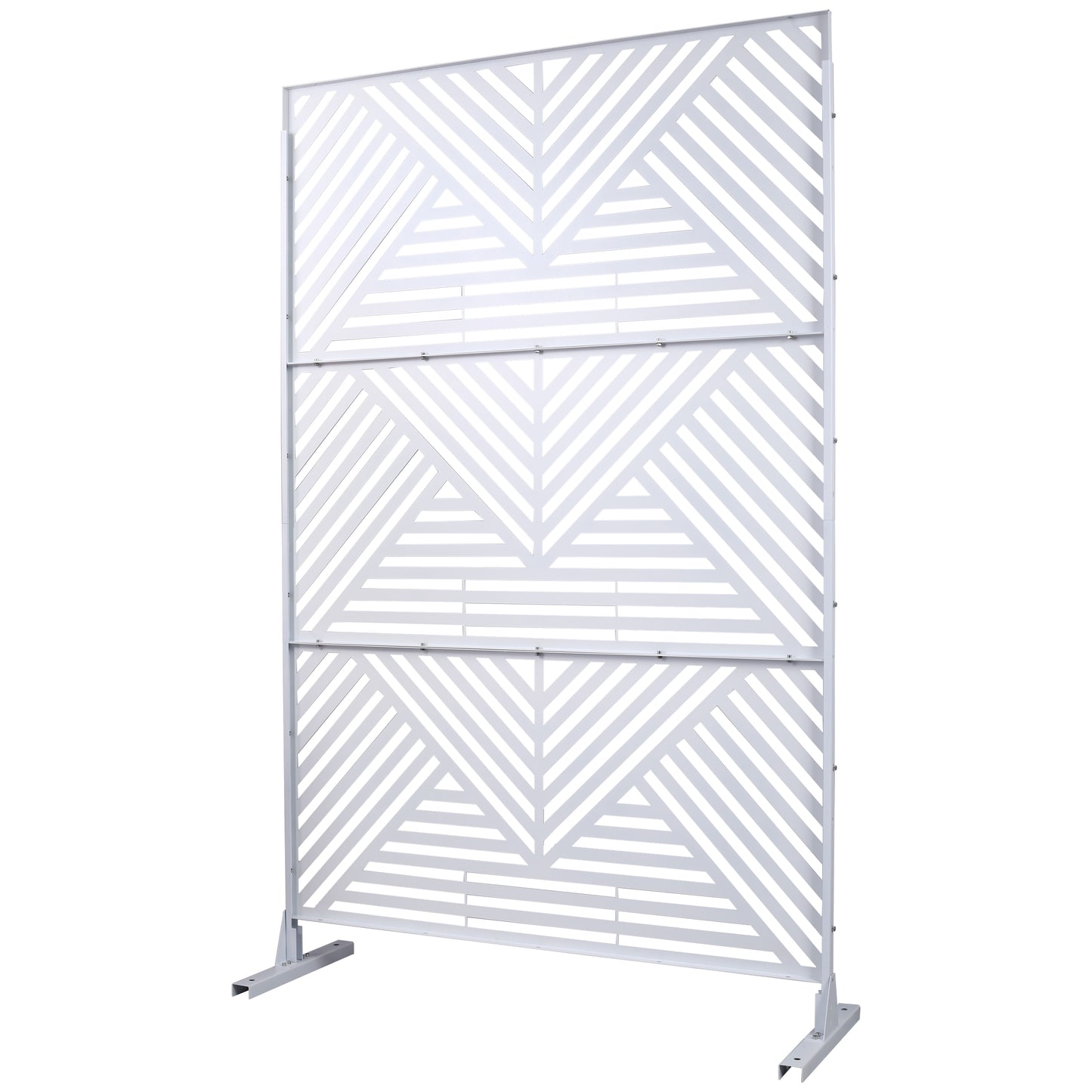 White modern geometric privacy screen with metal frame for outdoor use