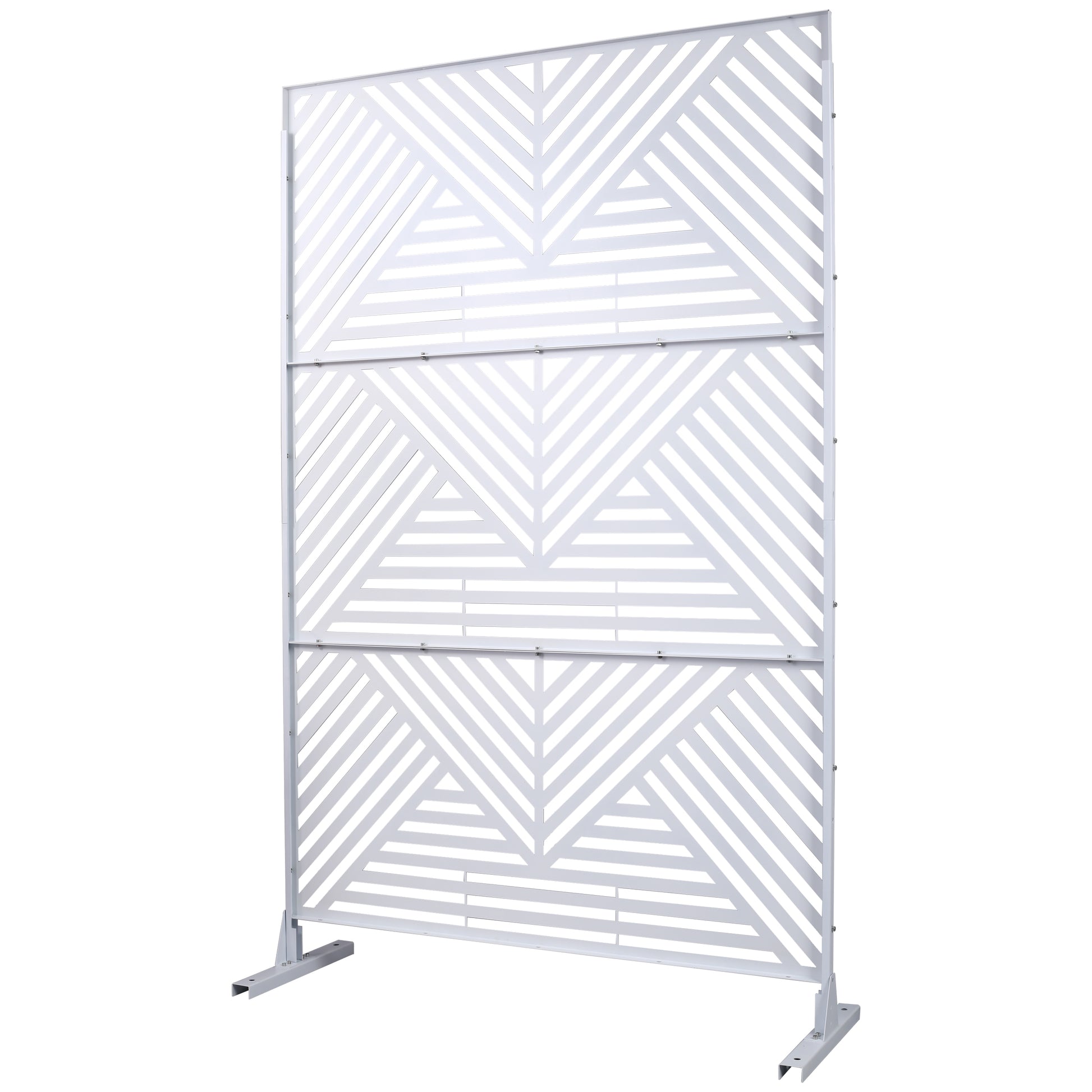 White modern geometric privacy screen with metal frame for outdoor use