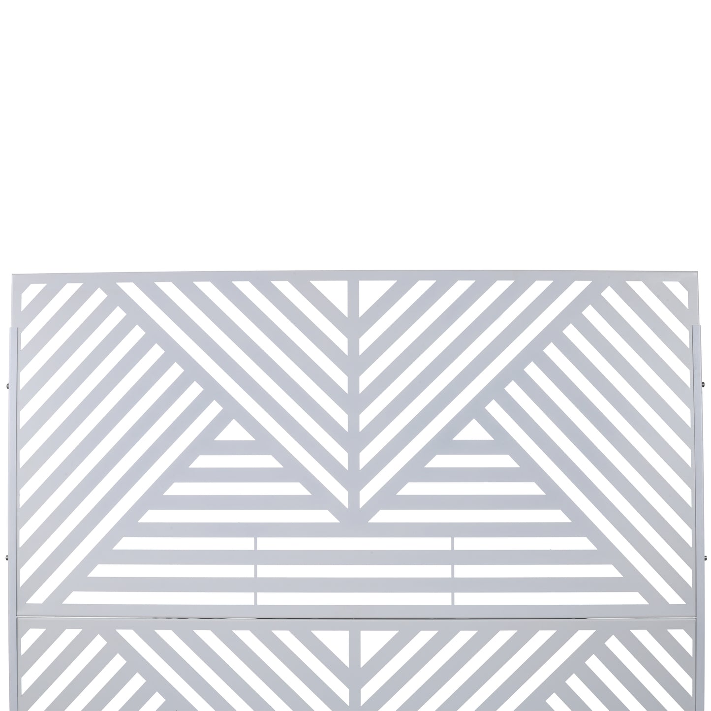 Modern white geometric metal headboard with angular pattern