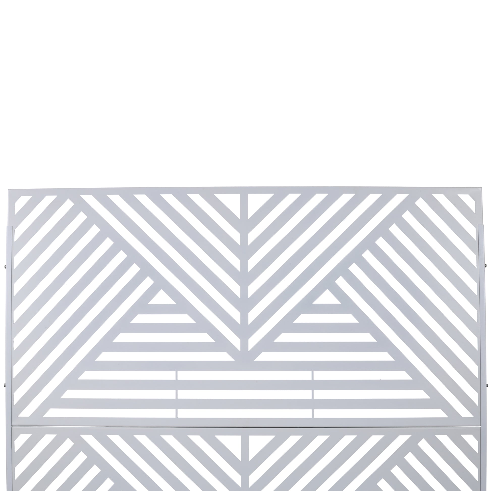 Modern white geometric metal headboard with angular pattern
