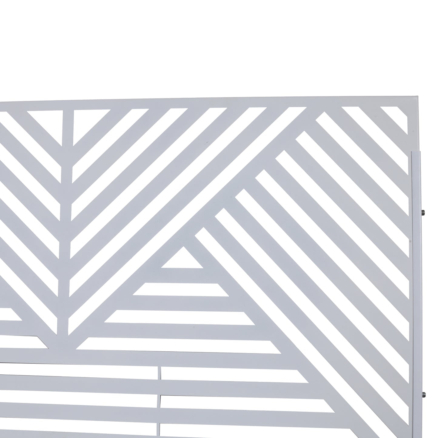 Modern geometric white metal garden screen with a striking diagonal stripe pattern