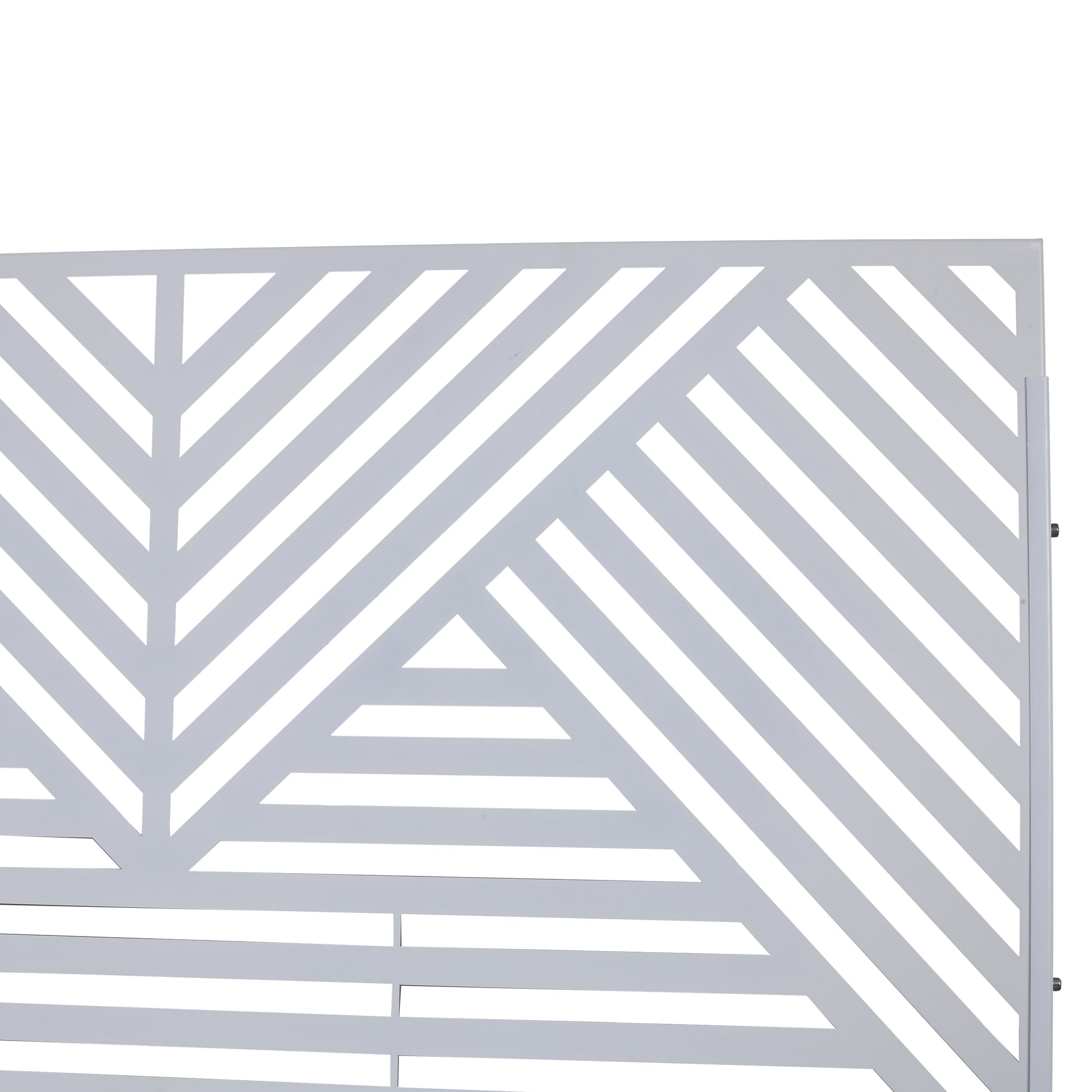 Modern geometric white metal garden screen with a striking diagonal stripe pattern