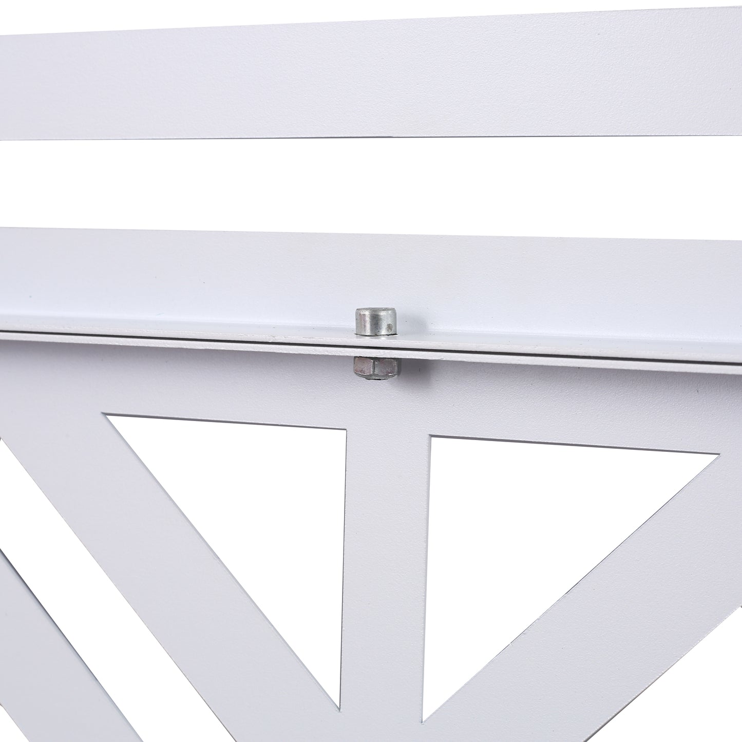 White metal garden trellis with geometric cutouts for climbing plants