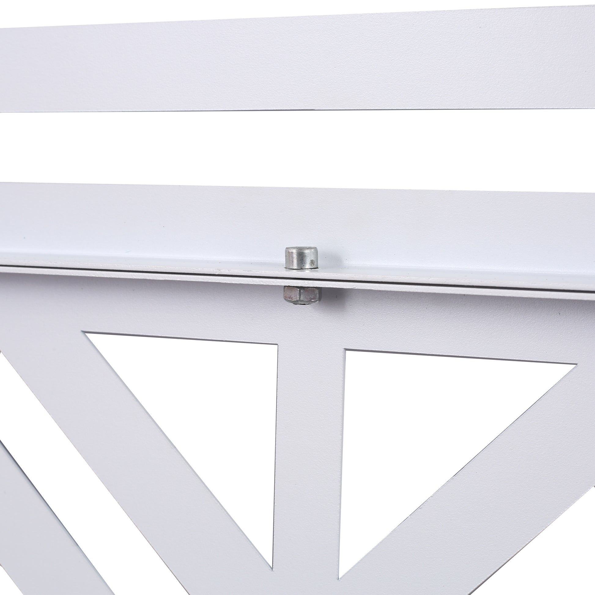 White metal garden trellis with geometric cutouts for climbing plants