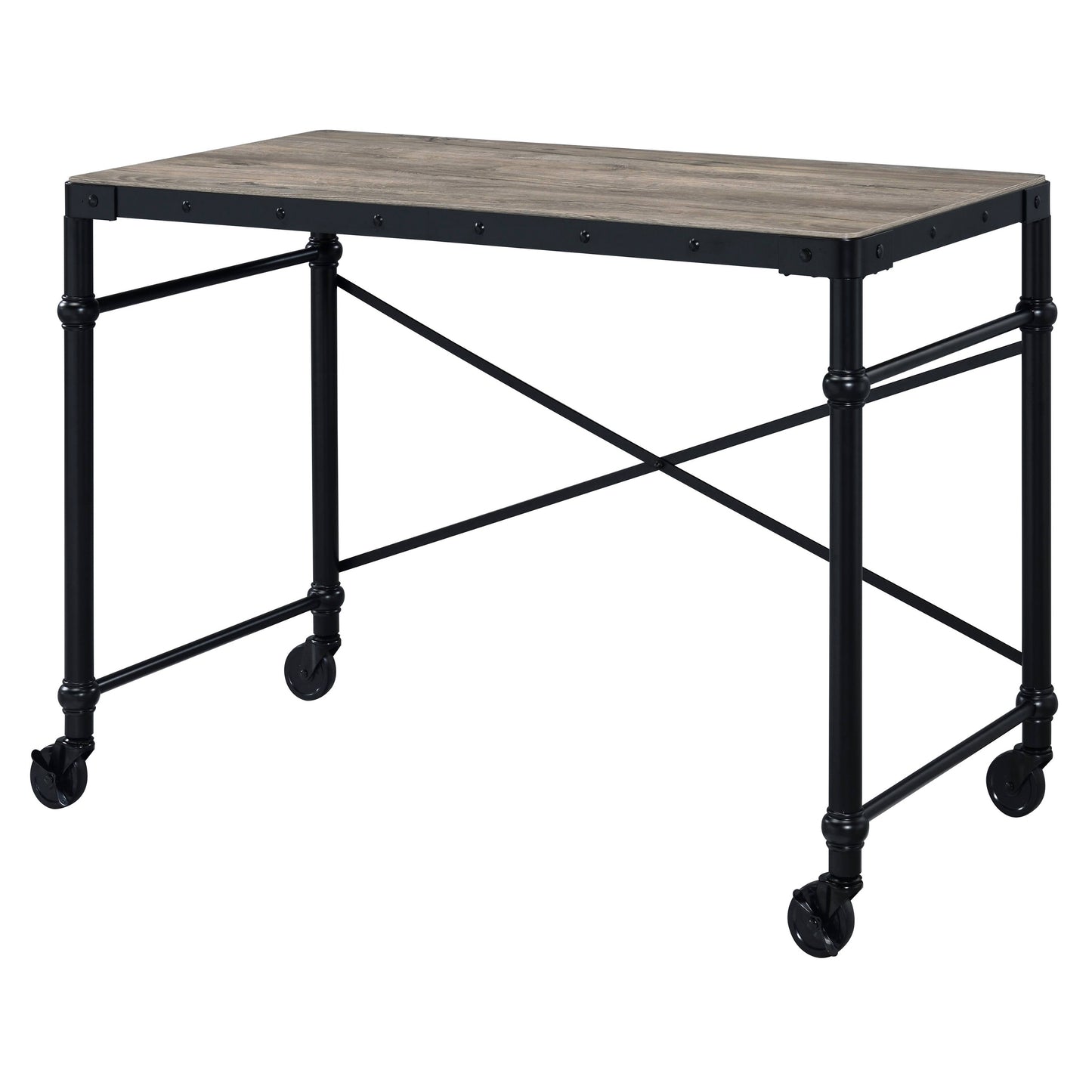 TREATLIFE HOME Rustic Oak and Black Writing Desk with Wheels, Industrial Style, Spacious Surface for Office Use