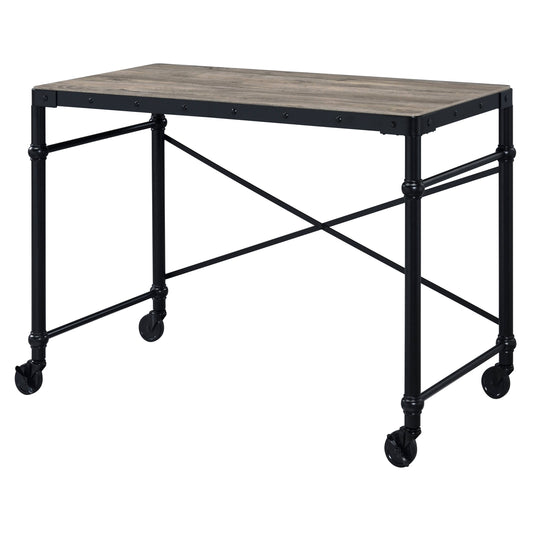 TREATLIFE HOME Rustic Oak and Black Writing Desk with Wheels, Industrial Style, Spacious Surface for Office Use