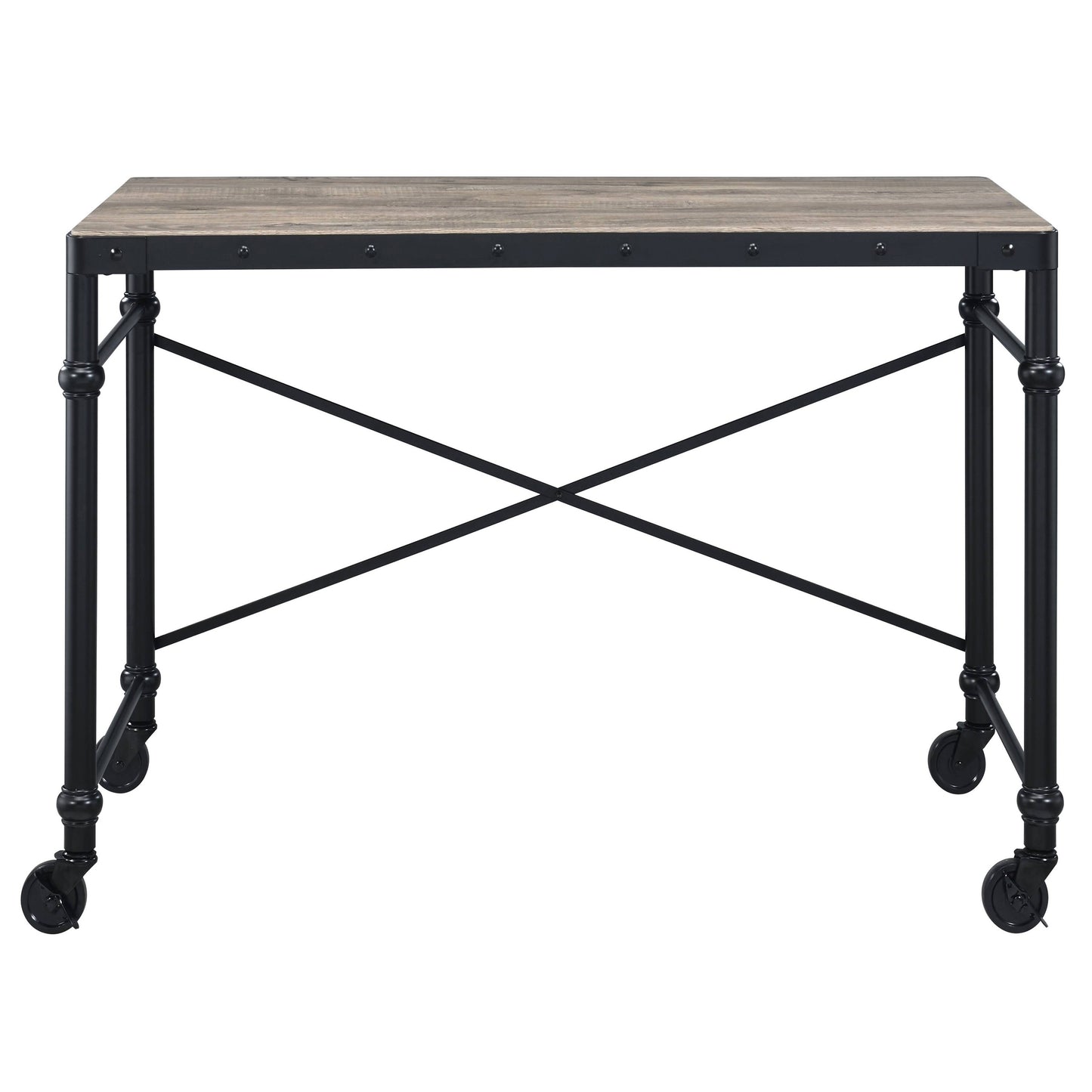 Industrial style desk with rustic wood top and black metal frame on wheels