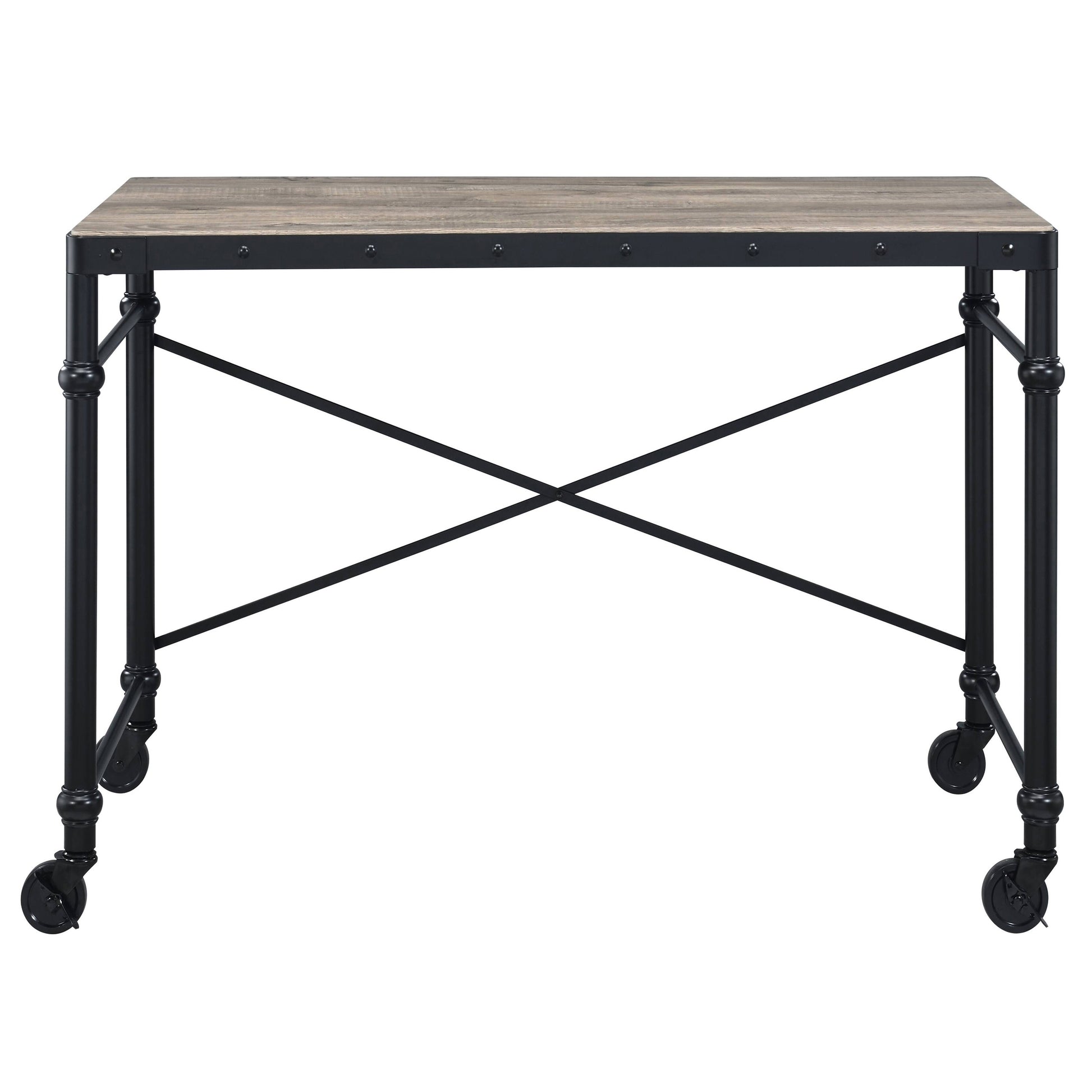 Industrial style desk with rustic wood top and black metal frame on wheels