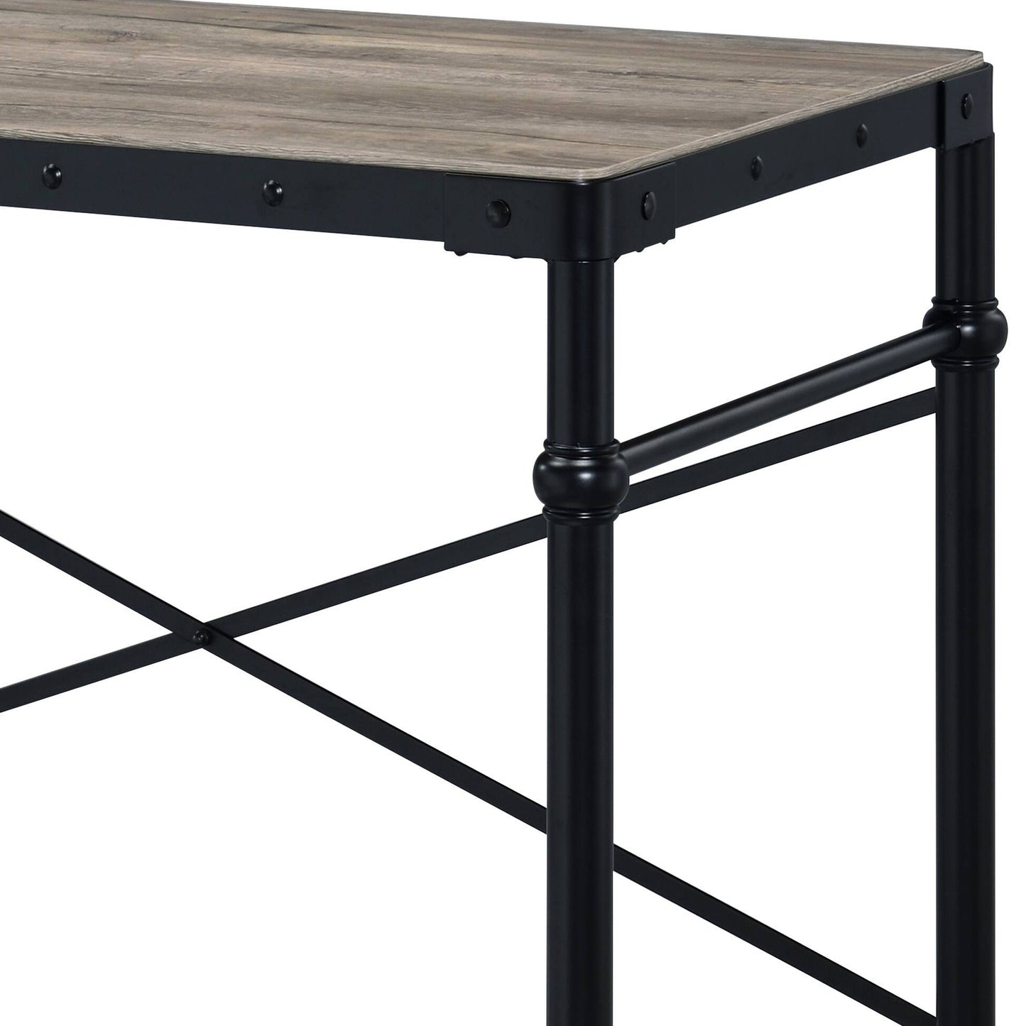 Rustic oakeffect tabletop with black metal frame and industrial rivets perfect for a modern desk