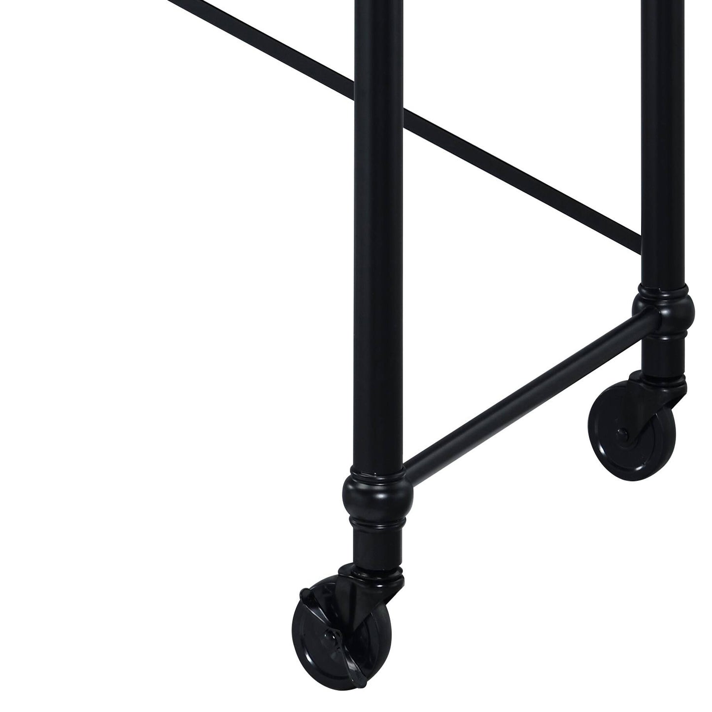 Black metal rolling cart legs with casters detail
