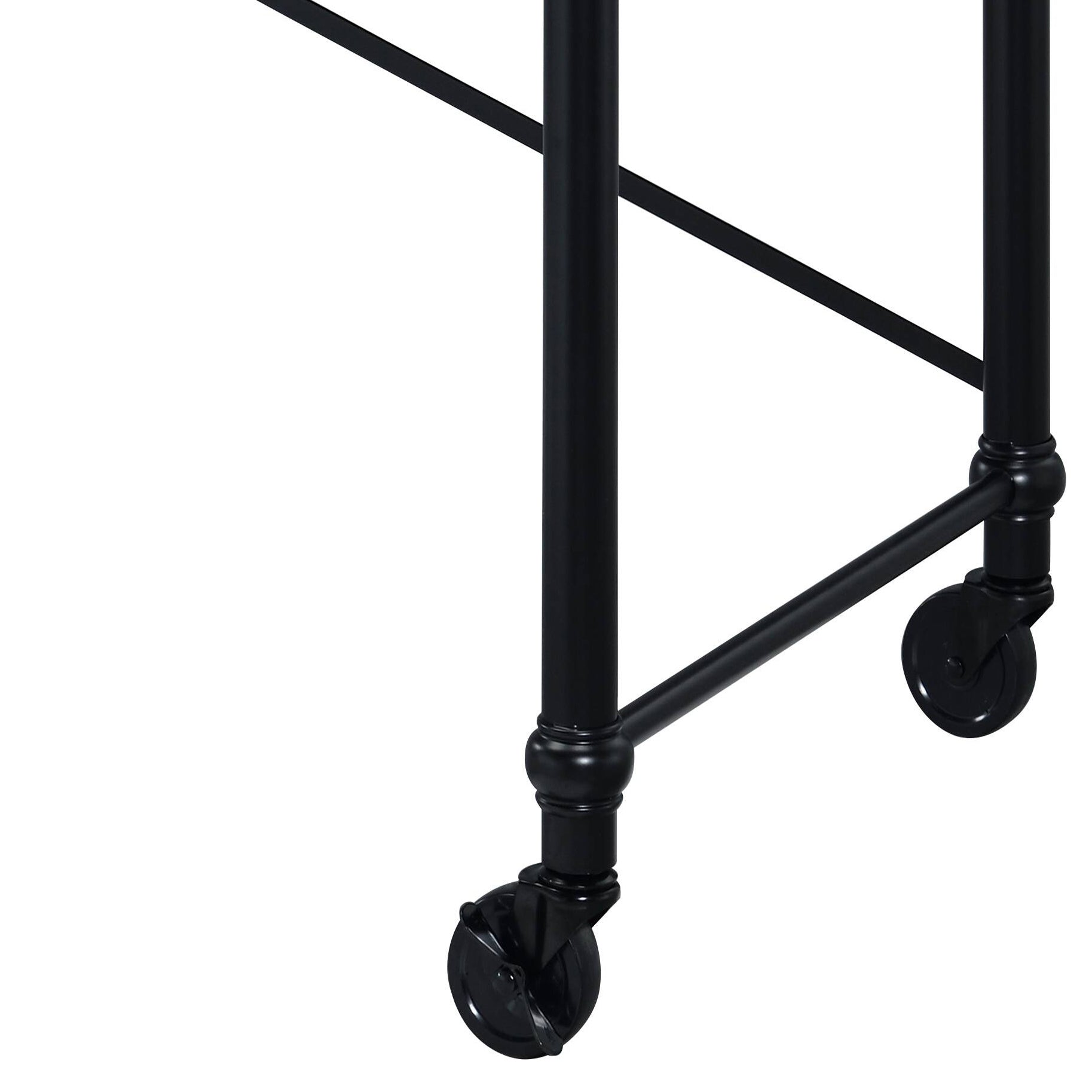Black metal rolling cart legs with casters detail