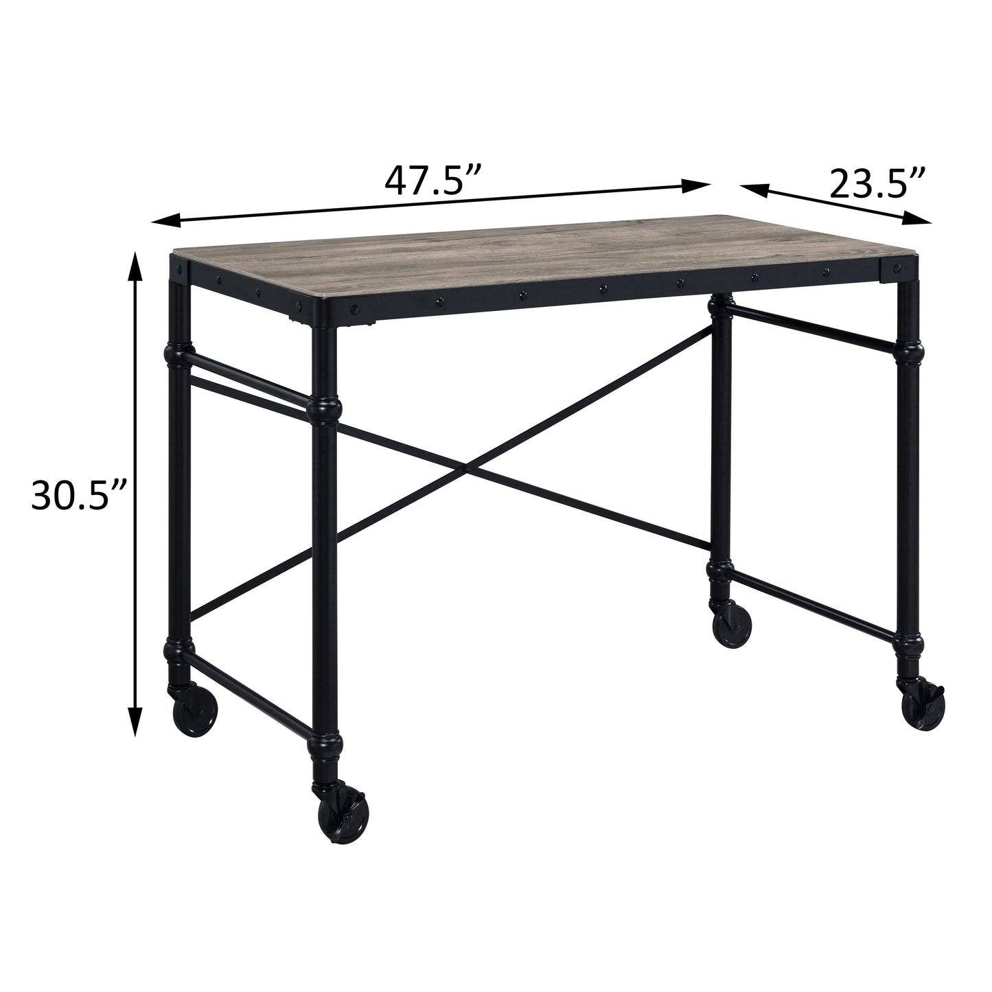Rustic industrial desk with a weathered oak top black metal frame and caster wheels