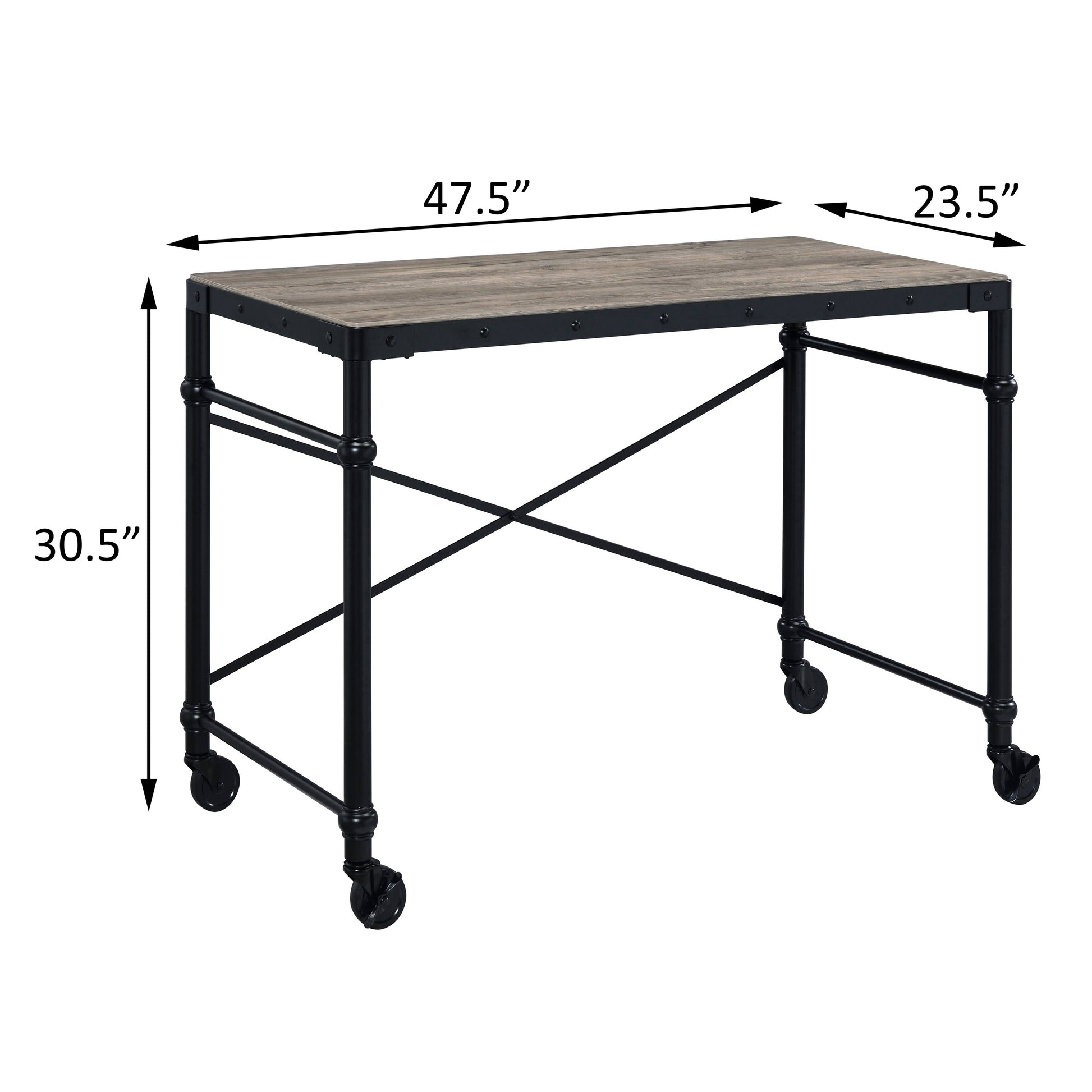 Rustic industrial desk with a weathered oak top black metal frame and caster wheels