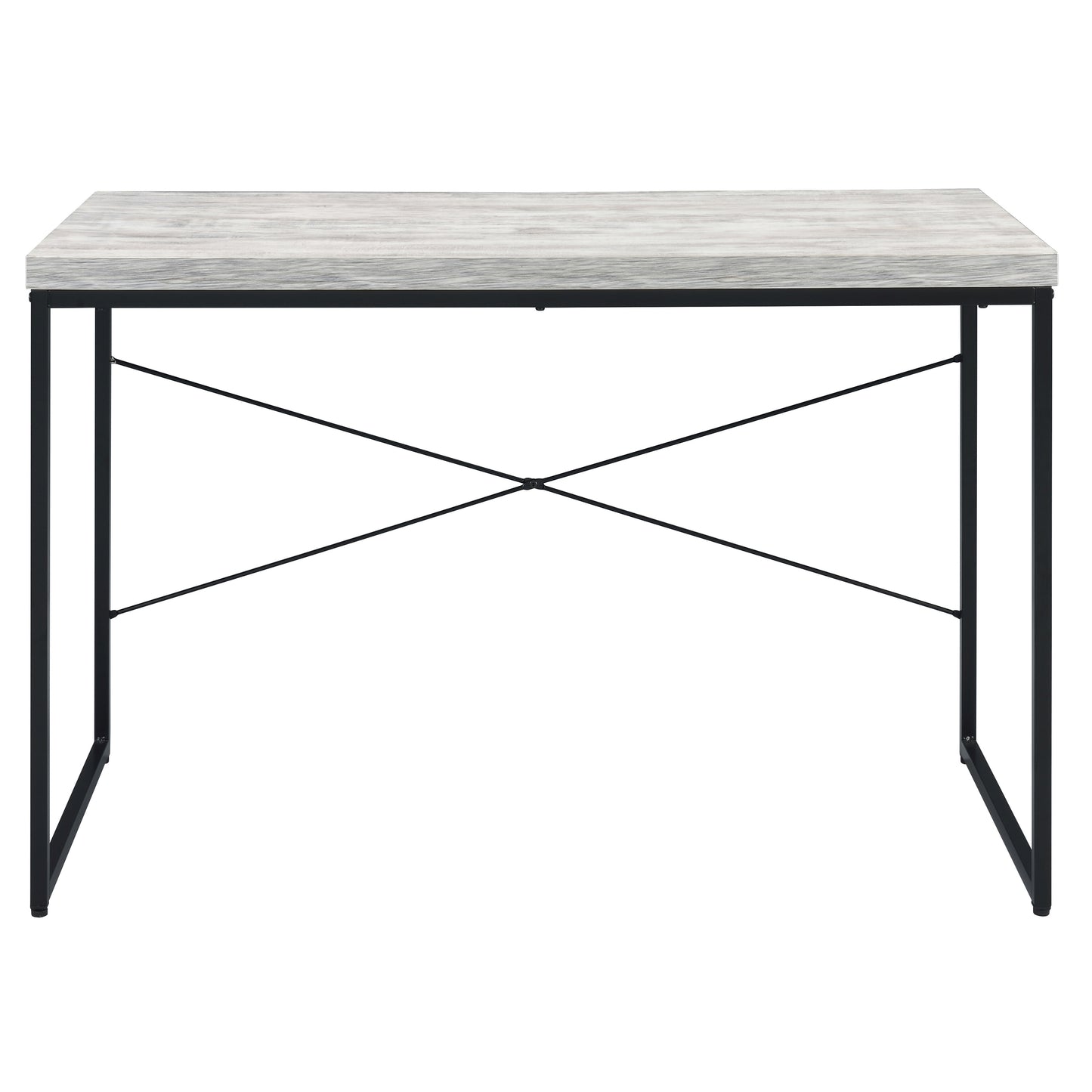 Modern metal desk with a light gray washed wood grain tabletop and black frame ideal for home offices