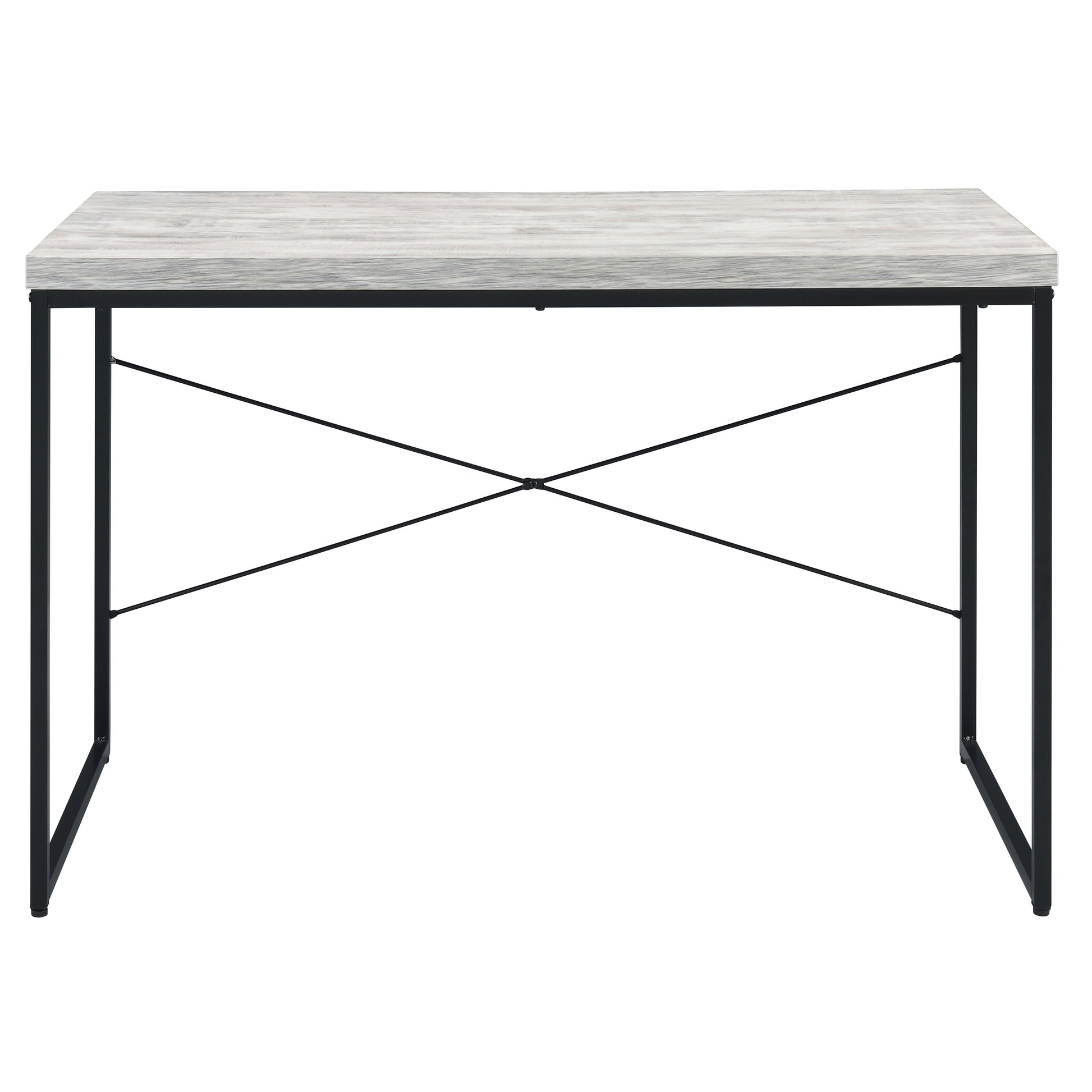 Modern metal desk with a light gray washed wood grain tabletop and black frame ideal for home offices